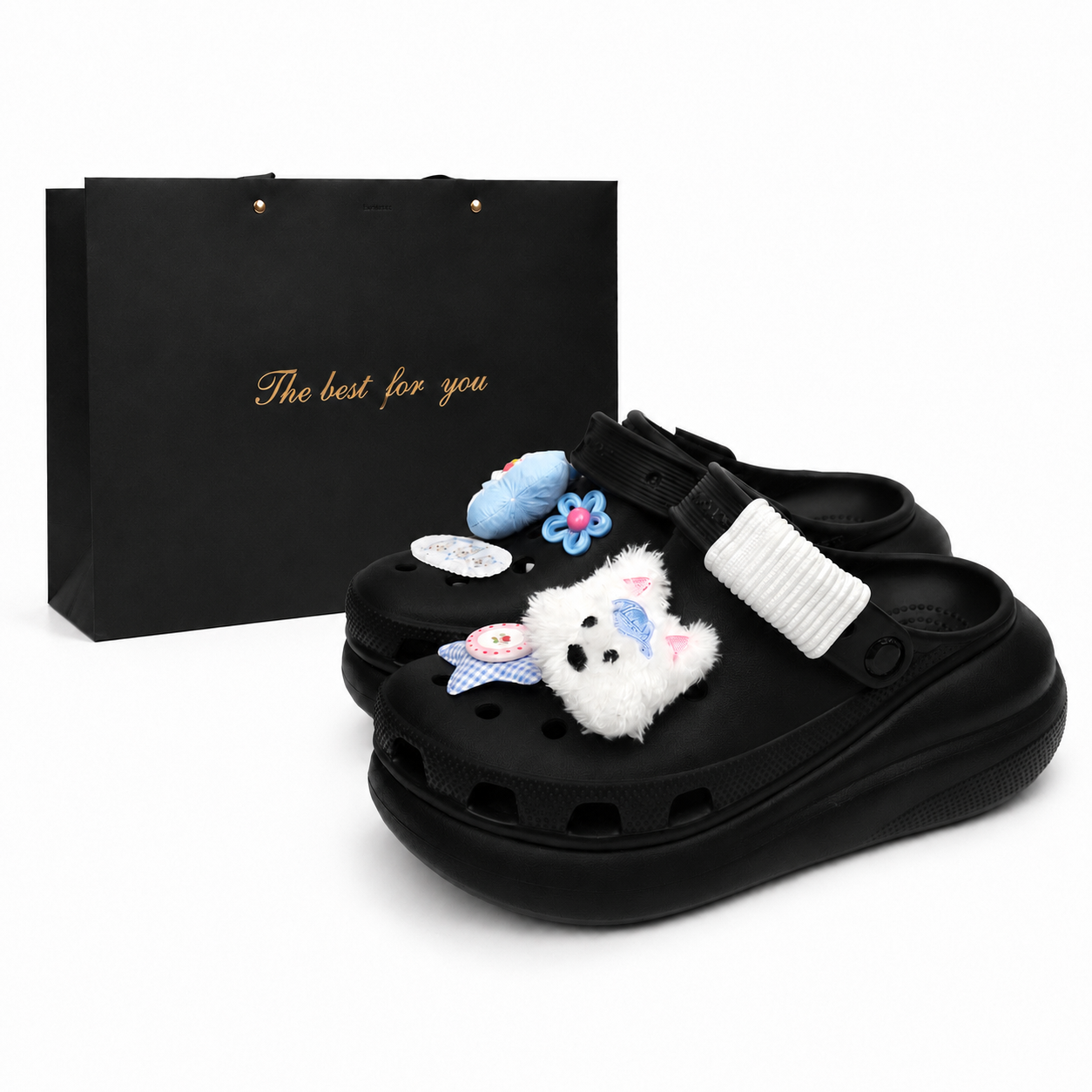Custom Crocs Crush Clog Black Dog Puff Thick Sole Casual Black Shoes 207521-001 Black (Team2391-Dog SBOX)