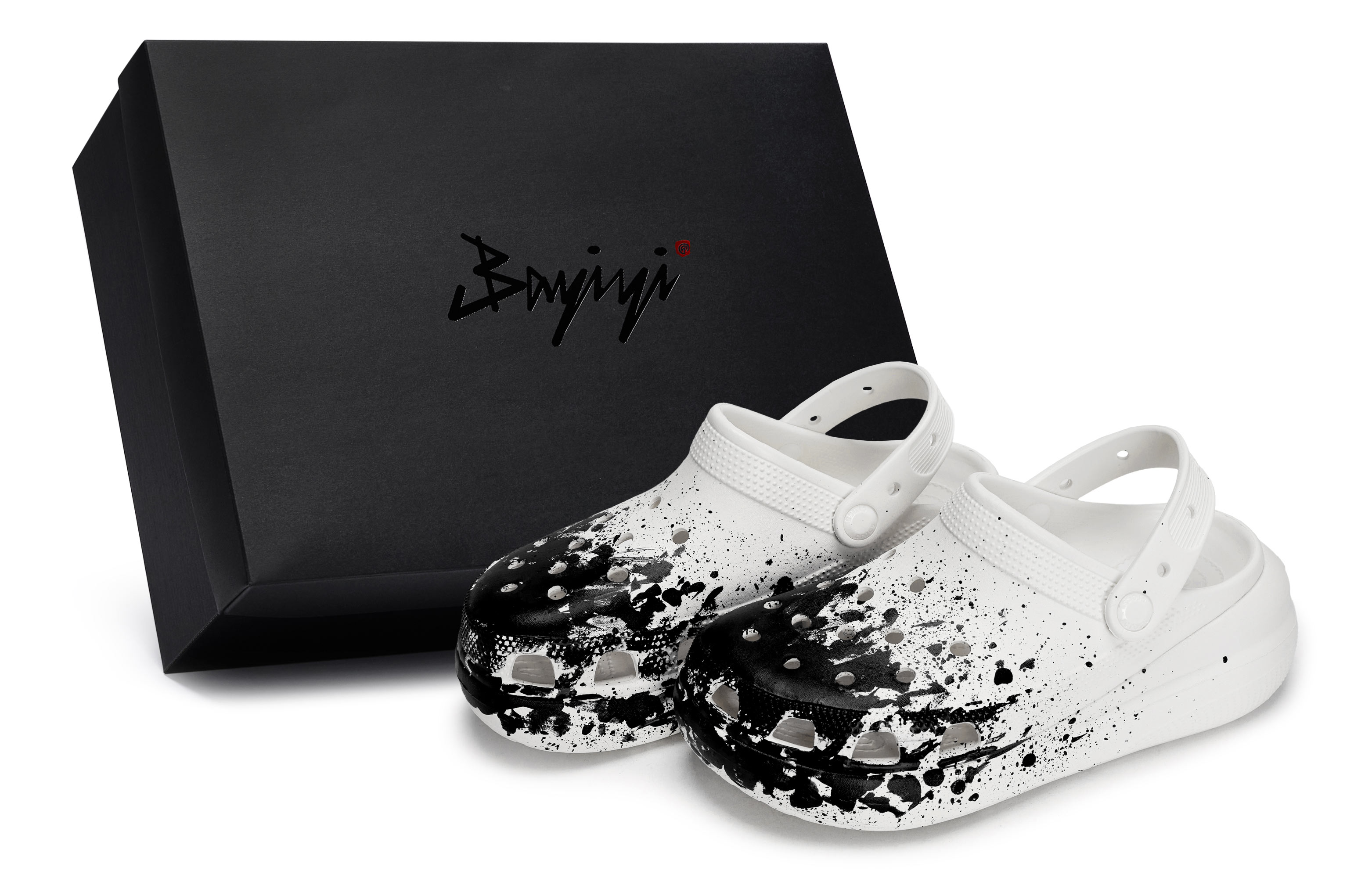 Custom Crocs Crush Clog Black White Distressed Ink Design Clogs. 207521-100 (Team80 - Seamless Men & Women Live Show S-BOX)