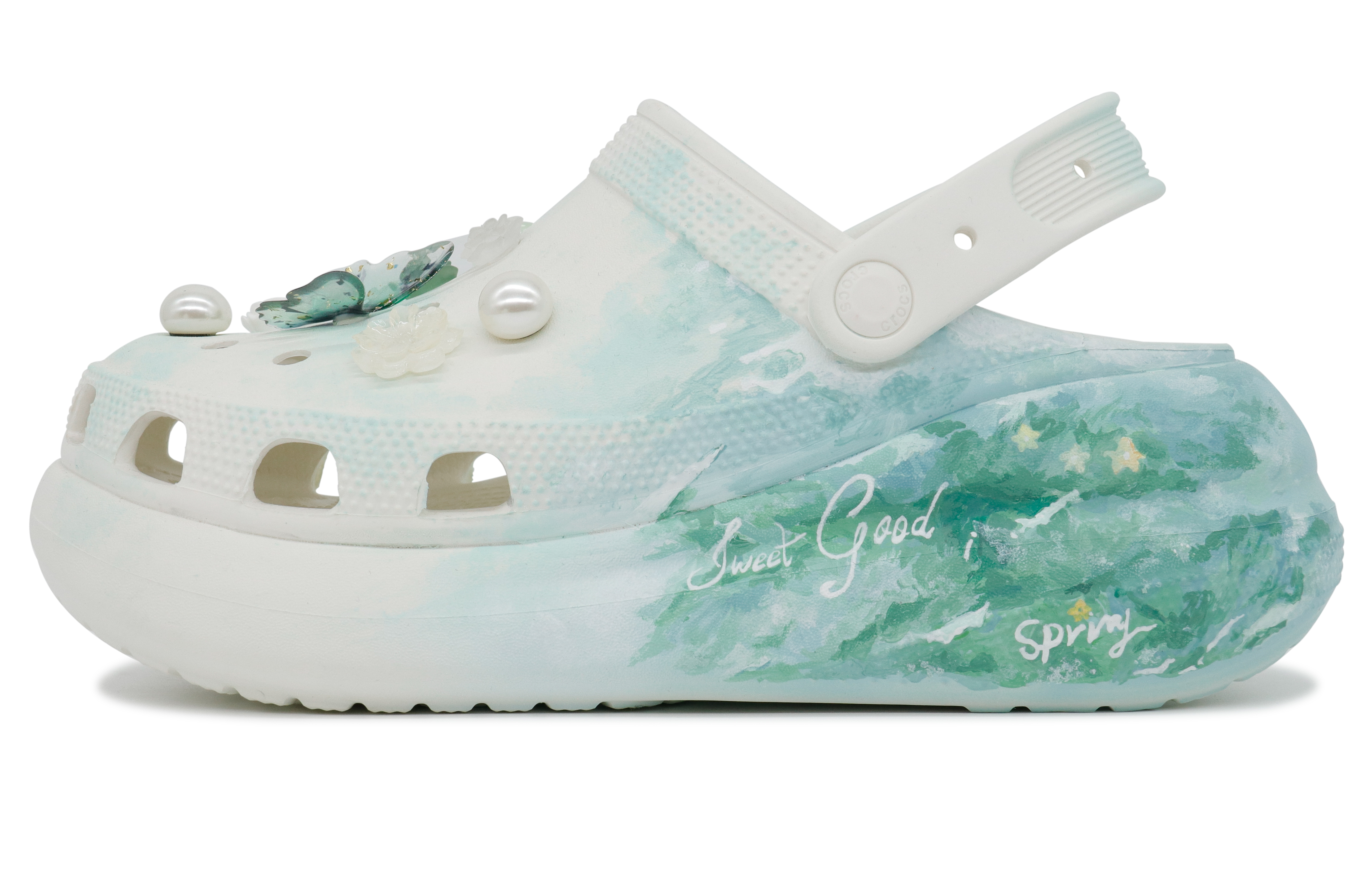 Custom Crocs Crush Clog Green White Sandals with Annie Forest Jibbitz 207521-100 (Team201-Annie Forest)
