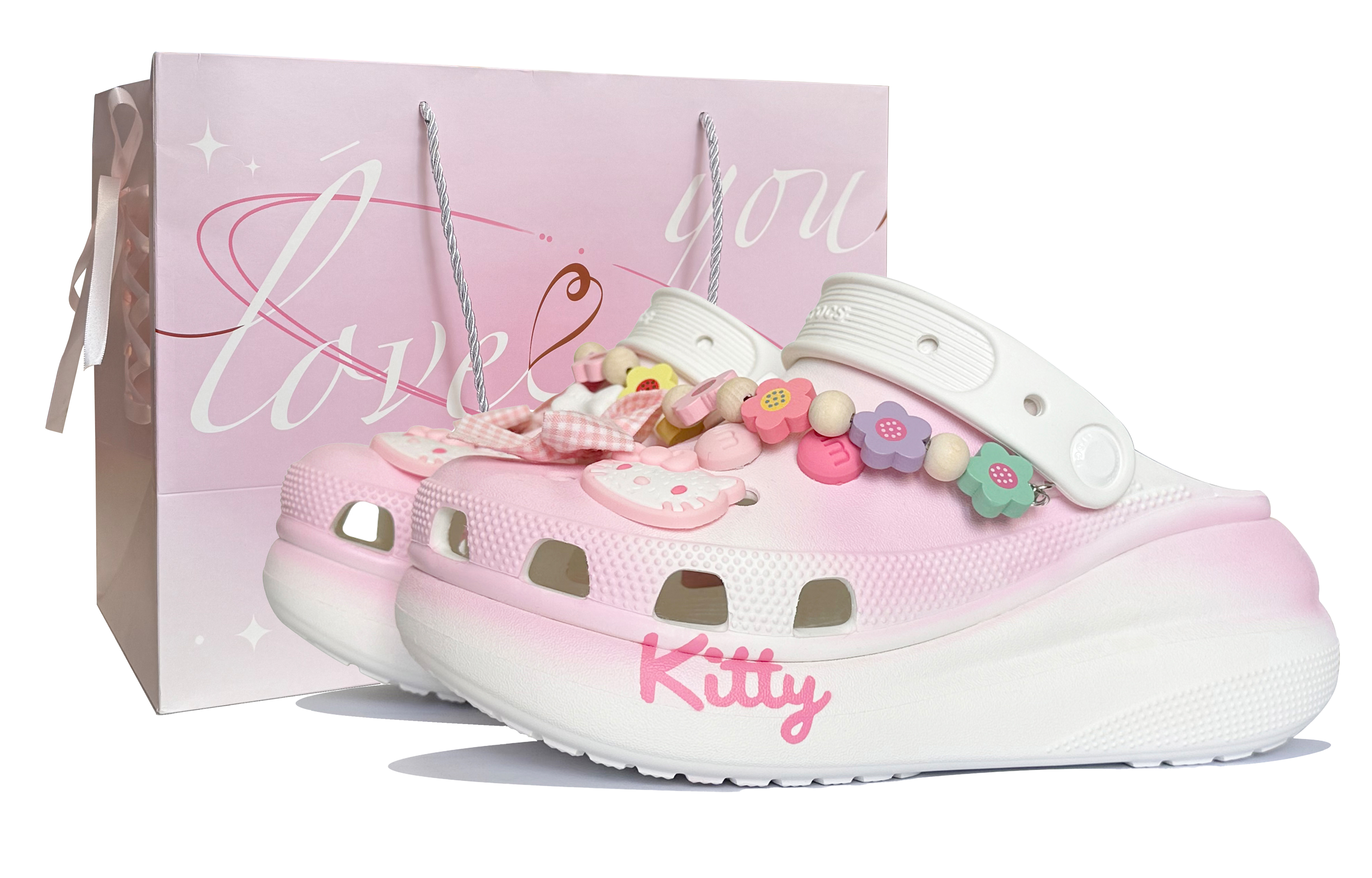 Custom Crocs Crush Clog Kitty EVA Graffiti Pink White Hole Shoes. 207521-100 (TeamK-Sandwich Kitty-BOX)