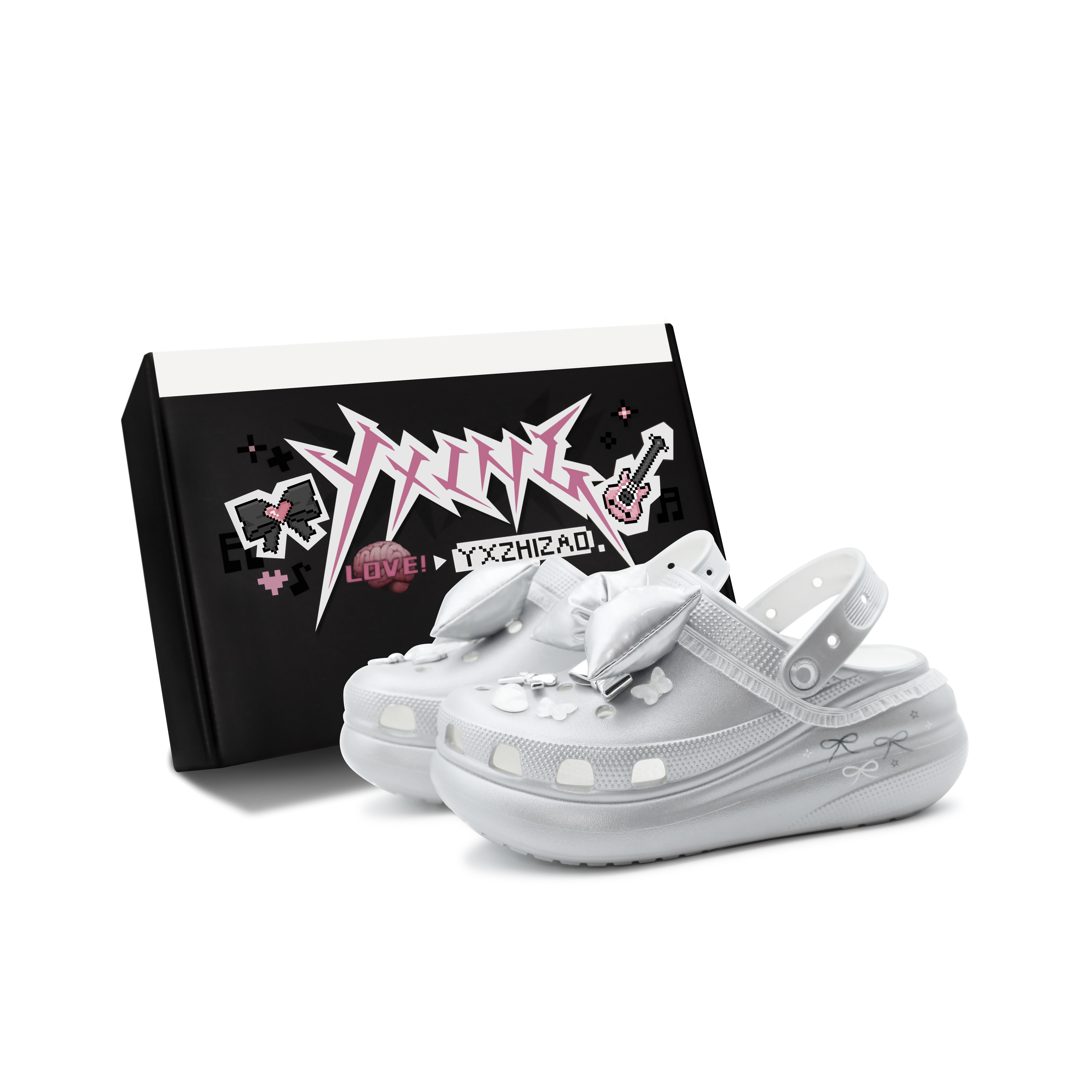 Custom Crocs Crush Clog Silver White Butterfly Bow Romantic Punk Shoes. 207521-100 (Team186 - Adorable Setting S-BOX)