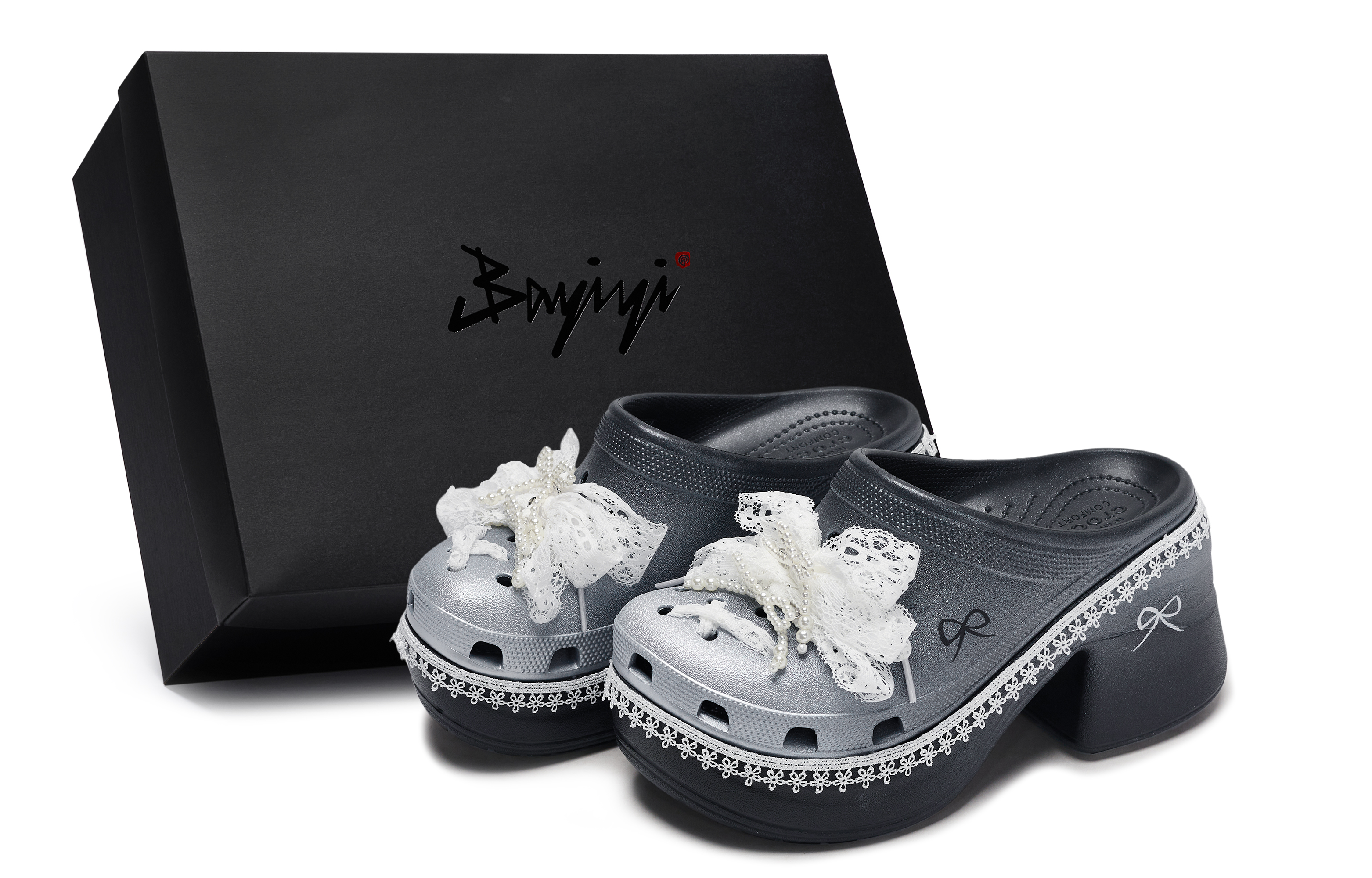 Custom Crocs Siren Clog Swan Lace Bow Ballet Gift Box Clogs Black/White/Silver 208547-001 (Team80 Little Swan S-BOX)