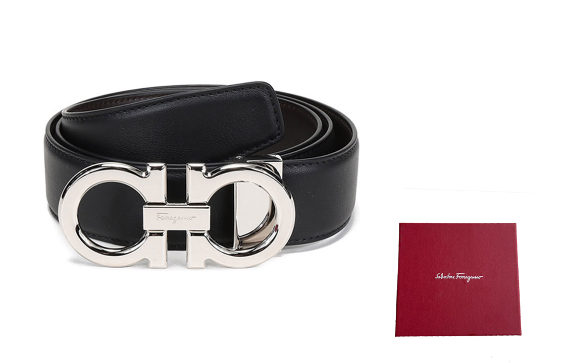 Order Tali Pinggang Kulit FERRAGAMO Buckle Perak Boleh Balik Ukiran Custom Coklat/Hitam 679710-0686671