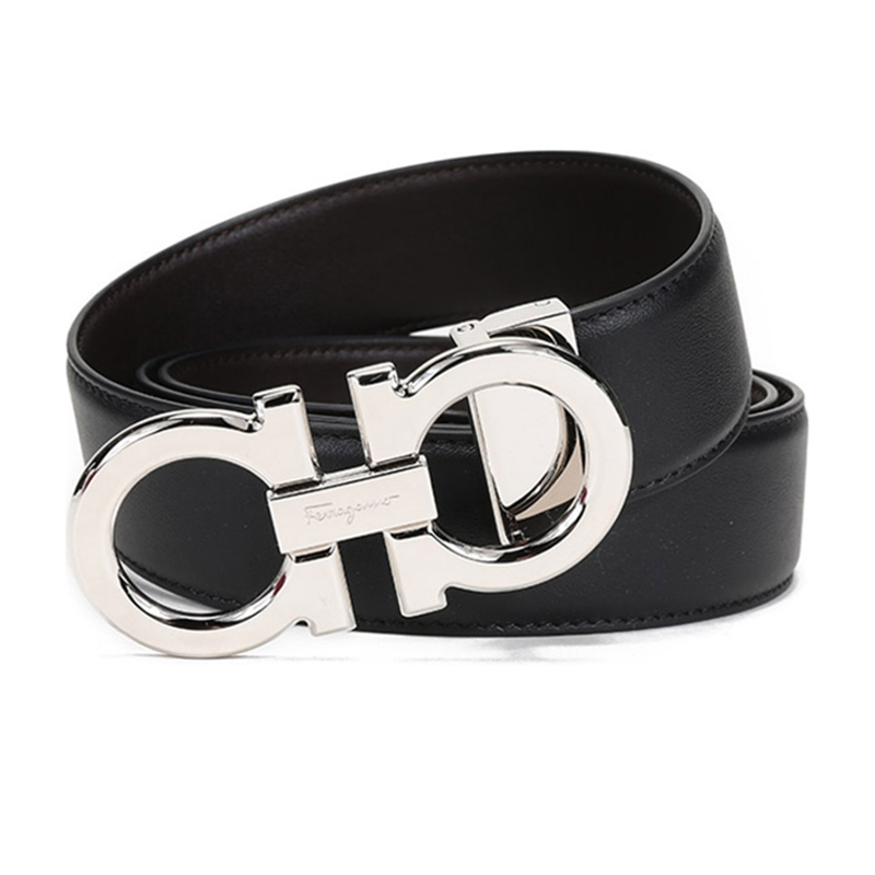 Shop Tali Pinggang Kulit FERRAGAMO Buckle Perak Boleh Balik Ukiran Custom Coklat/Hitam 679710-0686671