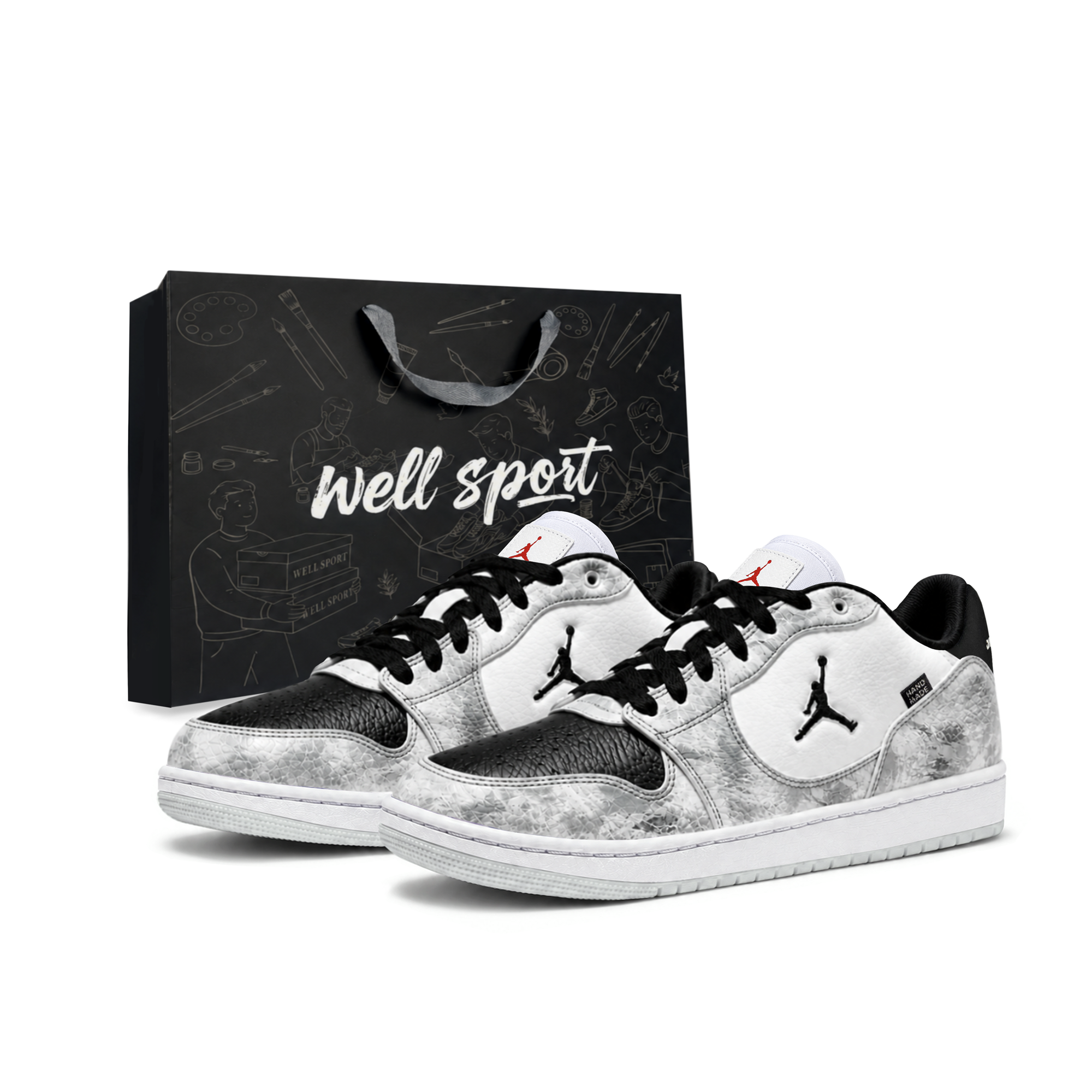 Custom Jordan Court Connect Grey Cement Hand-Painted Street Style Low-Top Sneakers. IQ5698-101 (Team1054 - Gray Cement LD)