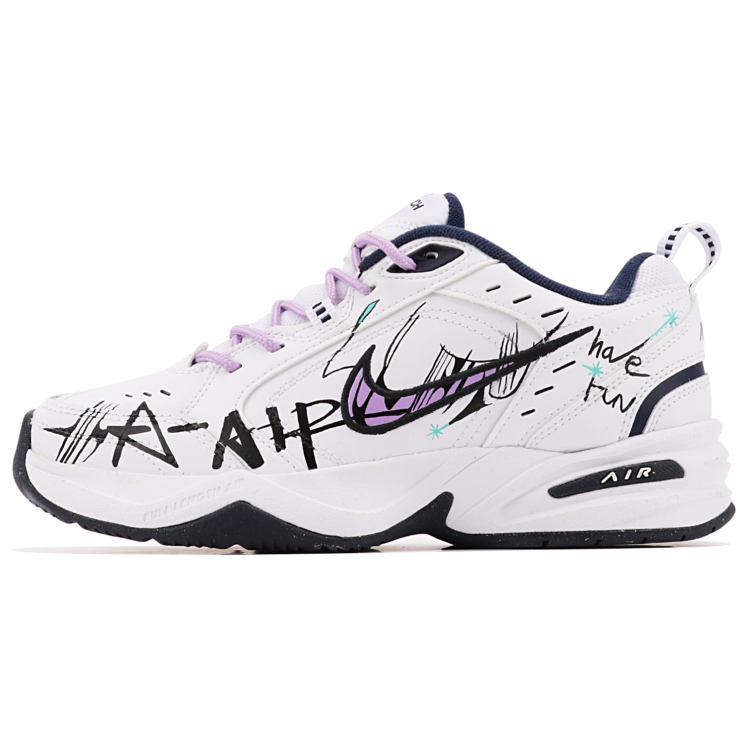 Custom Nike Air Monarch 4 "Have Fun" Purple White Retro Dad Shoes Casual Sneakers. 415445-102 (TeamThree - Enjoy and have fun!)
