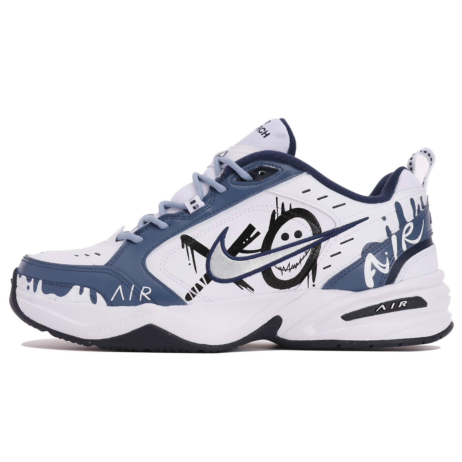 Custom Nike Air Monarch 4 Leather Graffiti Smiley Dad Shoes Blue White 415445-102 (TeamThree - Whimsical Graffiti Blue & White)