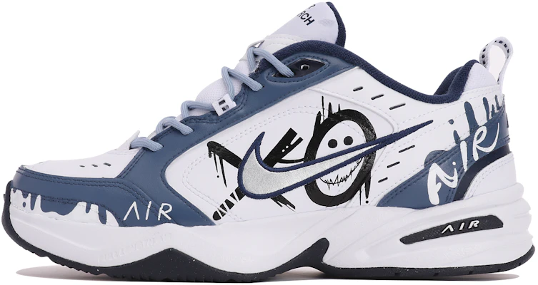 Custom Nike Air Monarch 4 Leather Graffiti Smiley Dad Shoes Blue White 415445-102 (TeamThree - Whimsical Graffiti Blue & White) Buy Custom Nike Air Monarch 4 Leather Graffiti Smiley Dad Shoes Blue White 415445-102 (TeamThree - Whimsical Graffiti Blue & White)