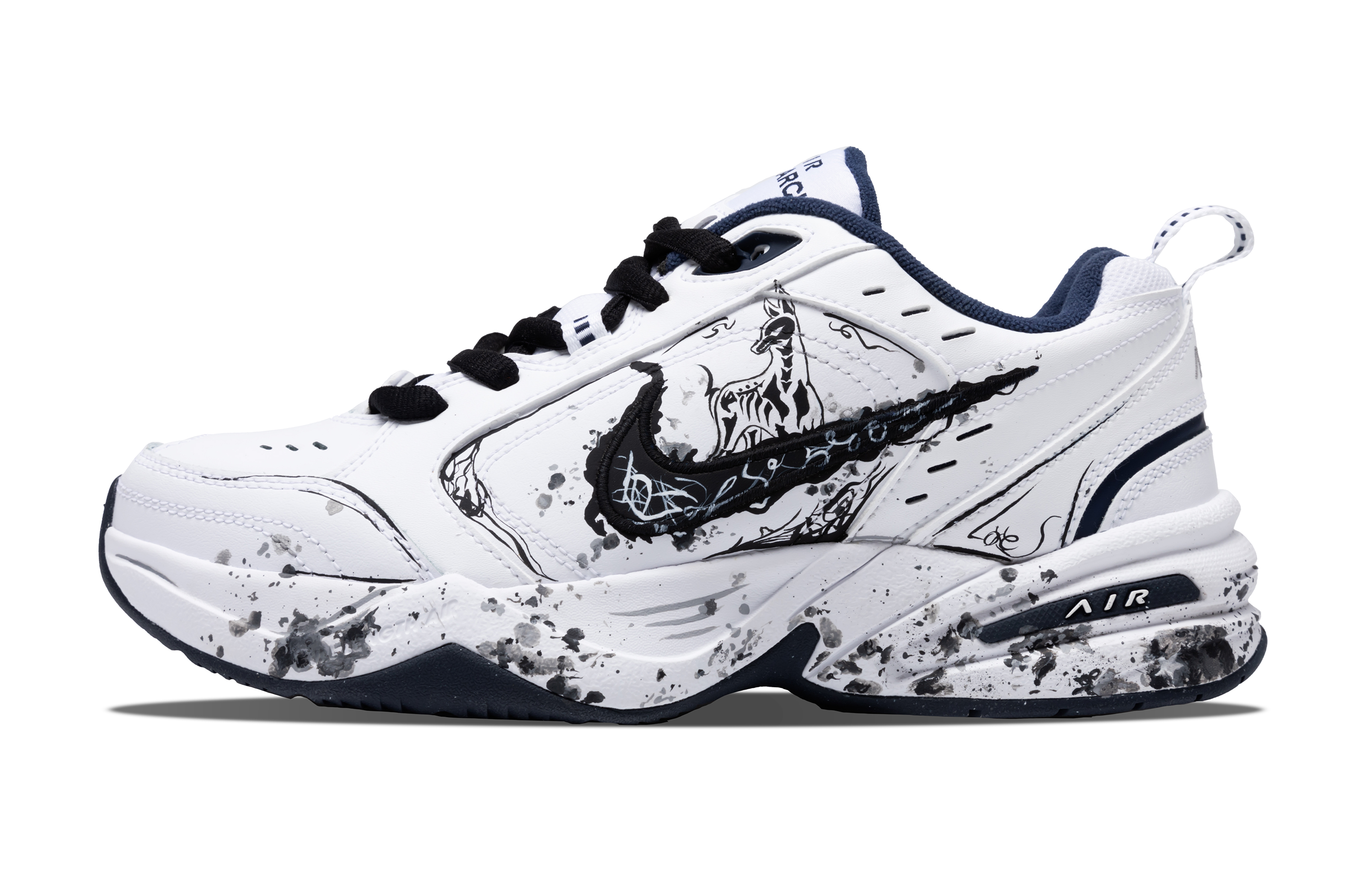 Custom Nike Air Monarch 4 Retro Dad Shoes White/Black Graffiti Style Sneakers 415445-102 (Team376 - Insurmountable Guanshan)