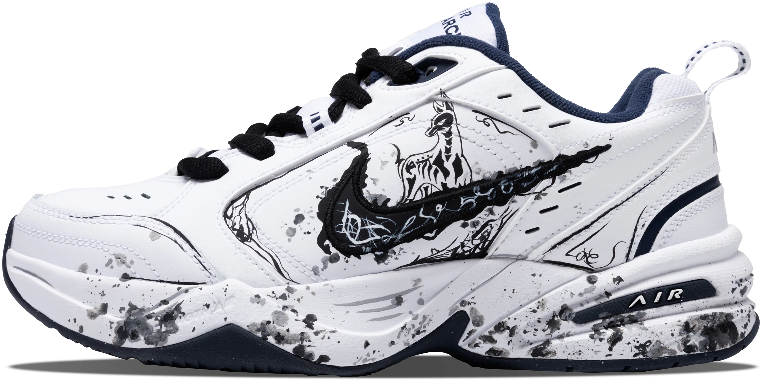 custom-nike-air-monarch-4-retro-dad-shoes-white-black-graffiti-style-sneakers-415445-102-team376-insurmountable-guanshan