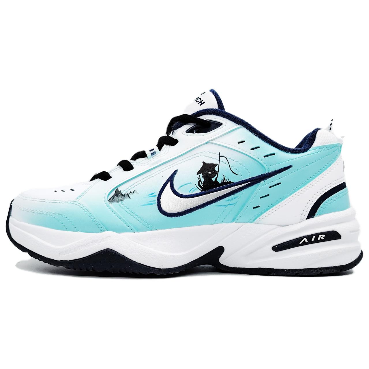 Custom Nike Air Monarch 4 Vintage Dad Shoes White/Blue Hand-Painted Retro. 415445-102 (Team145-Jiang Dami Fishing)