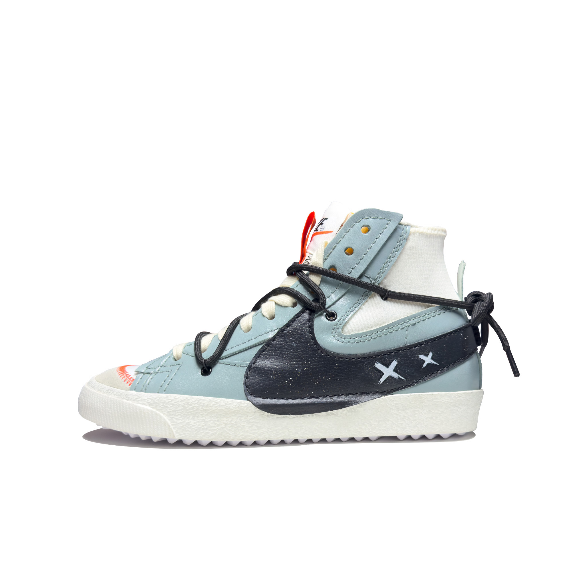 Custom Nike Blazer High Green White Black Leather Deconstructed Speckled Sneakers. DD3111-100 (Team95-Moss Traces)