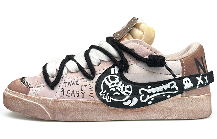 Custom Nike Blazer Low Jumbo Leather Graffiti Retro Distressed White Brown Sneakers. DN2158-101 (Team104 White Brown Graffiti).