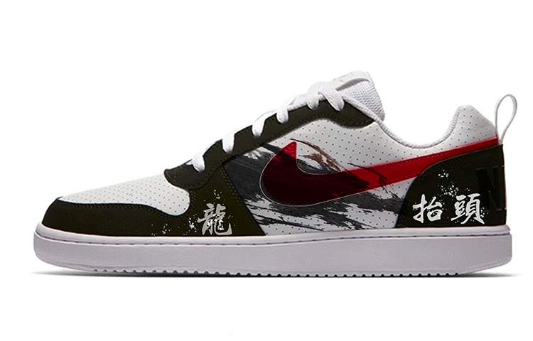 Custom Nike Court Borough Low Chinese Dragon Theme Black White Red Sneakers Men 838937-102 (Team10 - Rising Dragon).