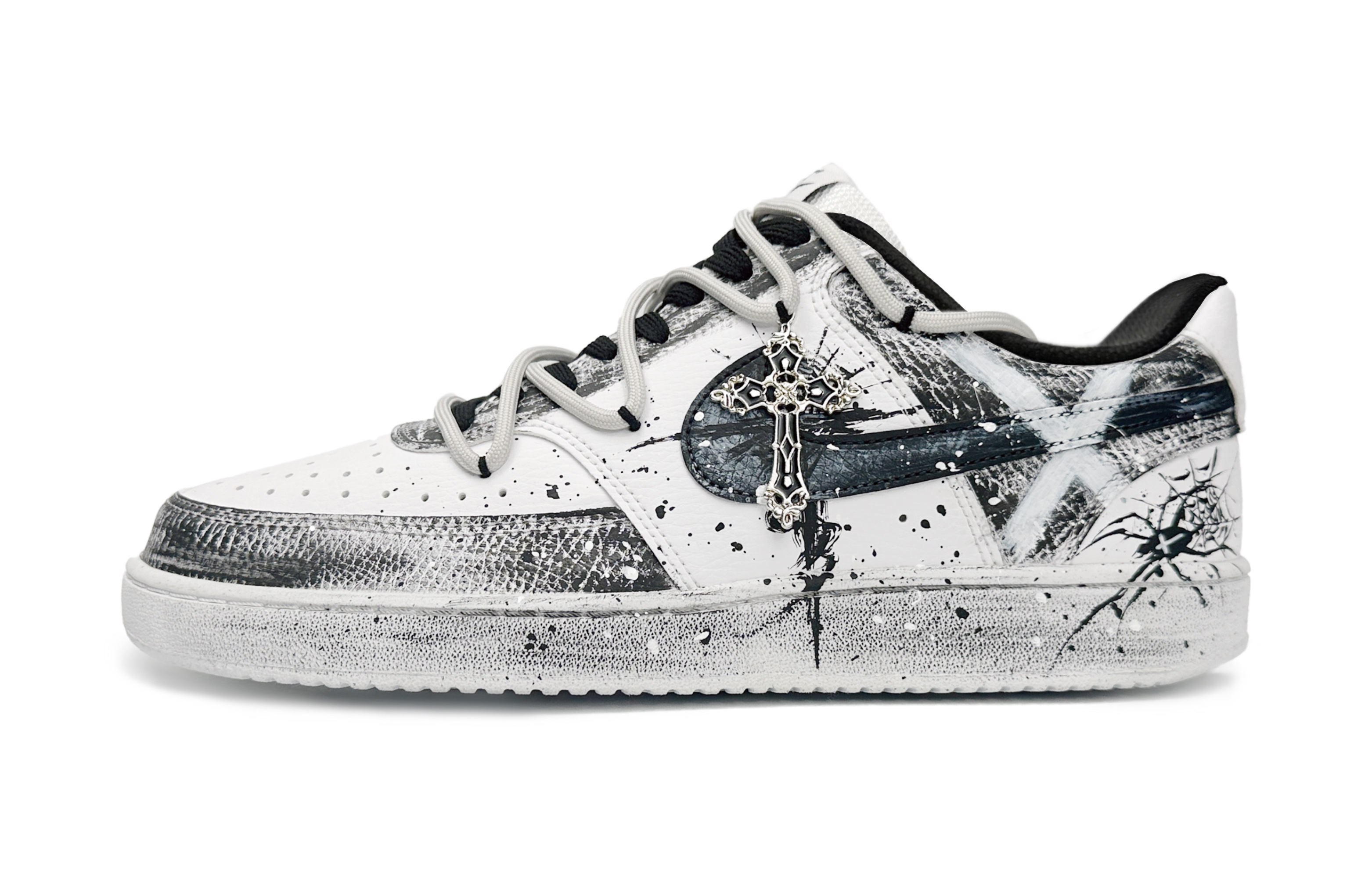 Custom Nike Court Vision 1 Gothic Graffiti Cross Retro Punk Low-Top Sneakers Black/White DH2987-101 (Team87 Men's Black and White "Shattered Belief" Sneakers)