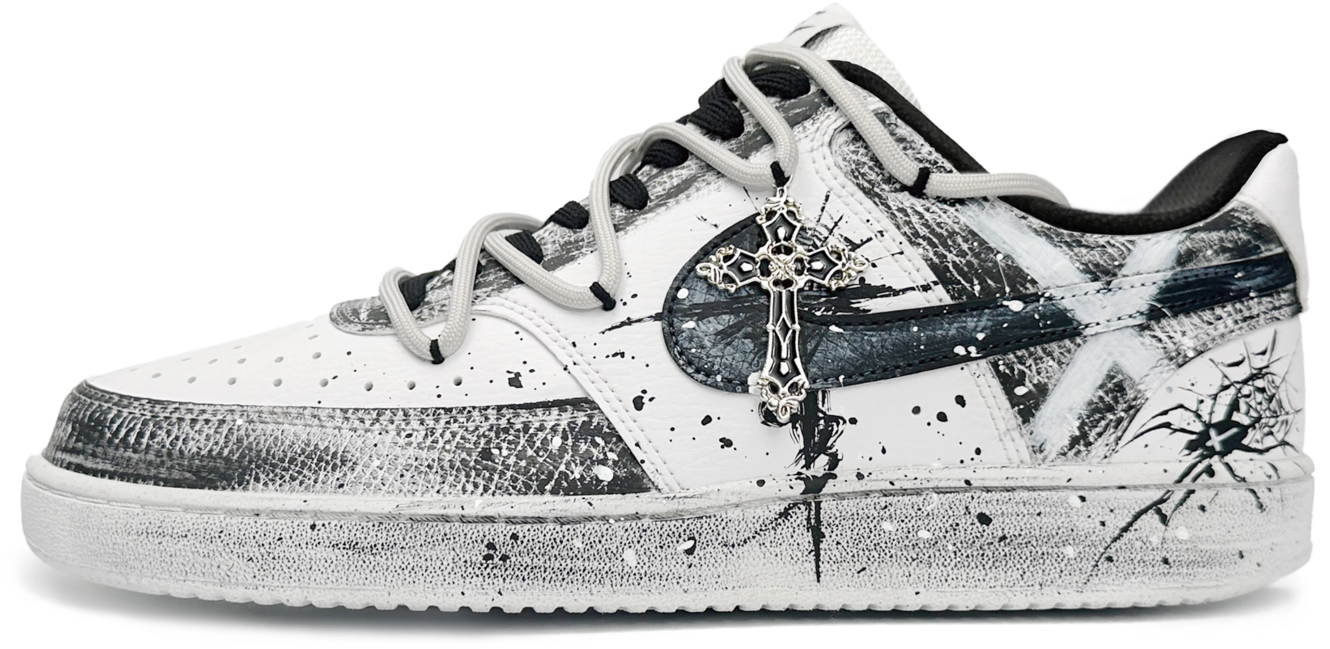custom-nike-court-vision-1-gothic-graffiti-cross-retro-punk-low-top-sneakers-black-white-dh-2987-101-team87-men-s-black-and-white-shattered-belief-sneakers