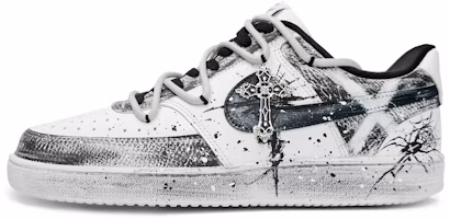 Custom Nike Court Vision 1 Gothic Graffiti Cross Retro Punk Low-Top Sneakers Black/White DH2987-101 (Team87 Men's Black and White "Shattered Belief" Sneakers) Custom Nike Court Vision 1 Gothic Graffiti Cross Retro Punk Low-Top Sneakers Black/White DH2987-101 (Team87 Men's Black and White "Shattered Belief" Sneakers)