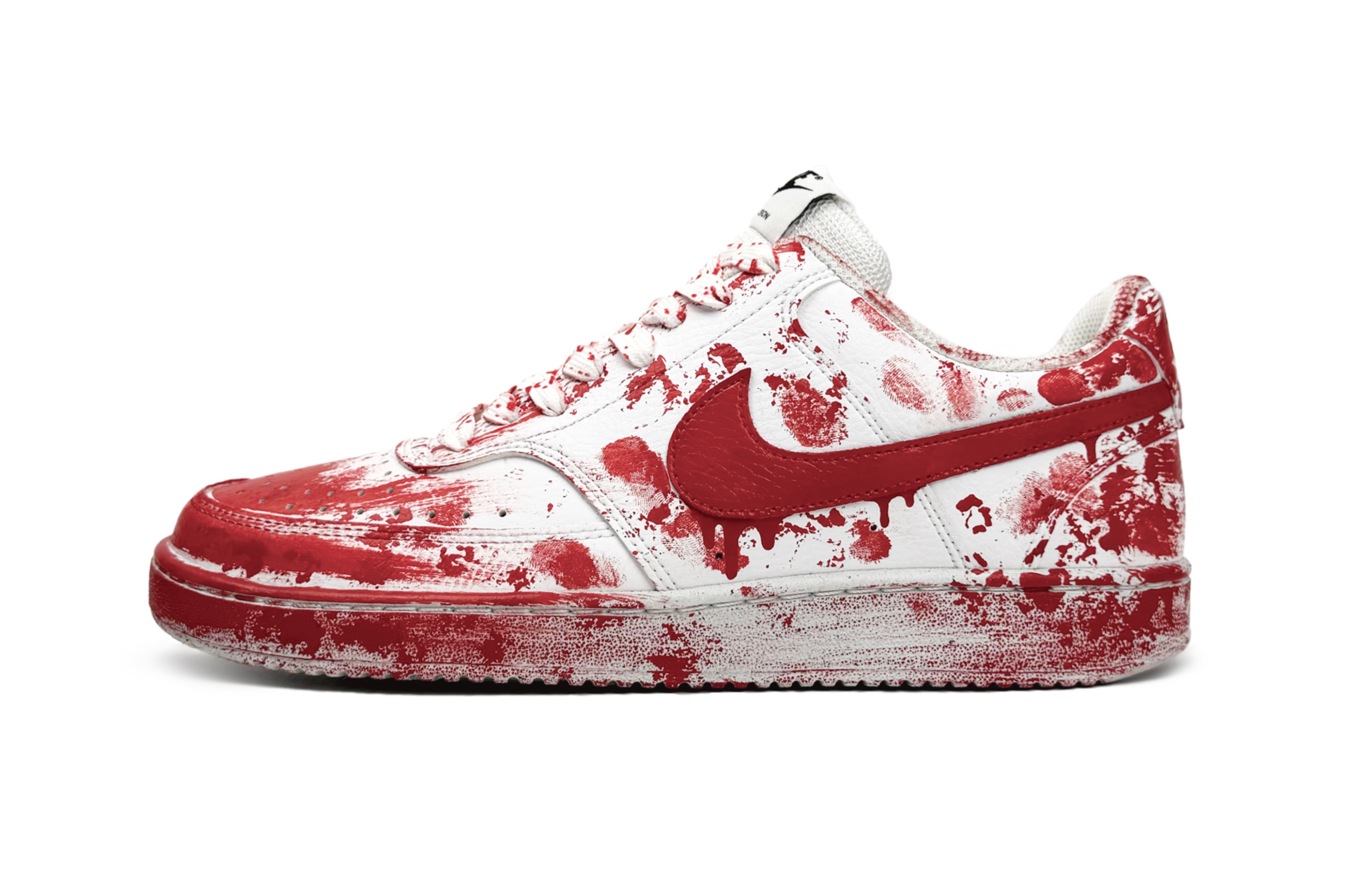Custom Nike Court Vision 1 Gothic Low-Top Sneakers Red/White Mystery Edition. DH2987-101 (Team11 - Men's Red and White Crime Scene Edition)
