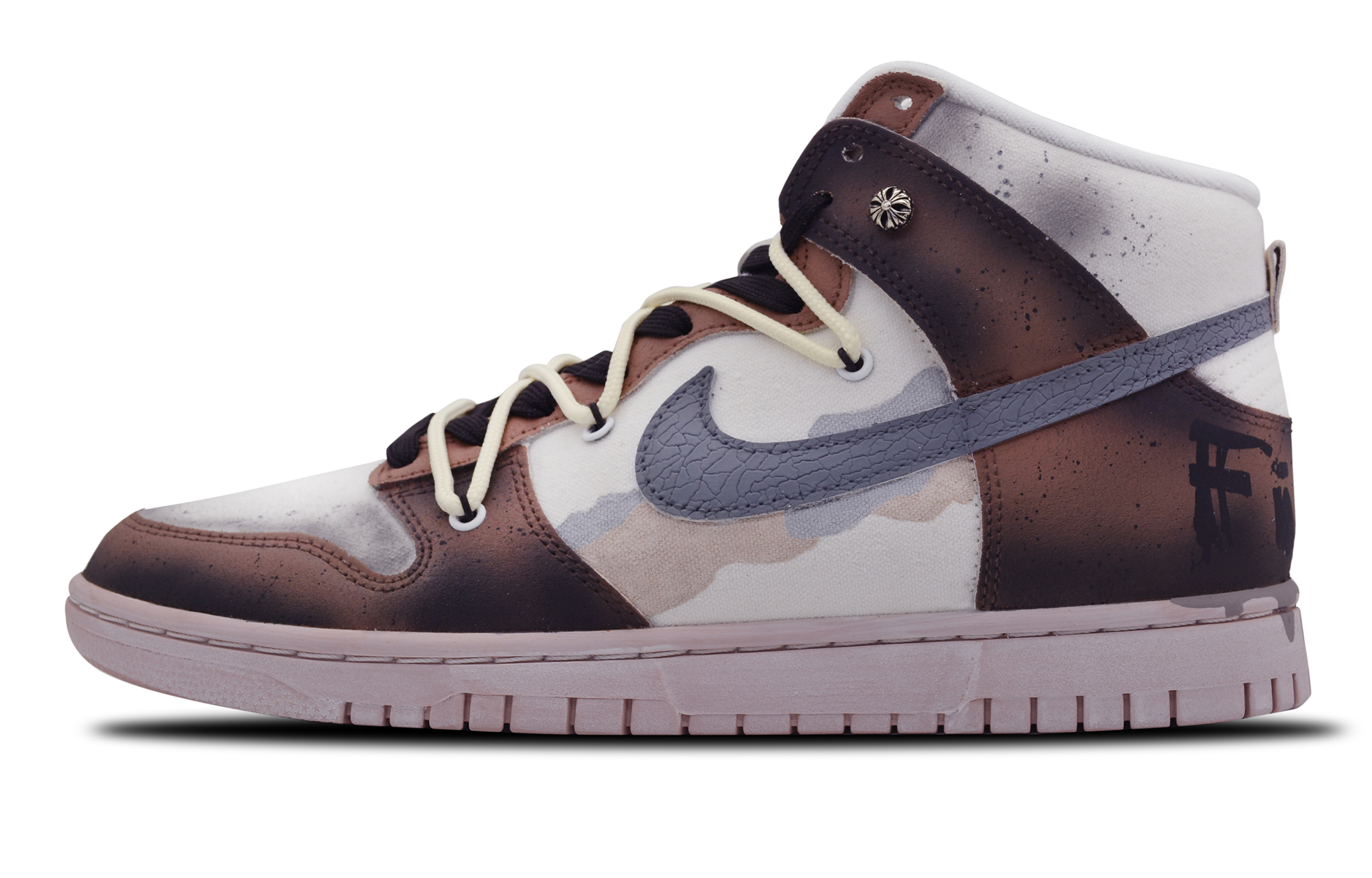 Custom Nike Dunk High EMB Sunset Fire English Graffiti Brown Sneakers. DV0822-100 (Team78 - Sunset Battlefire)