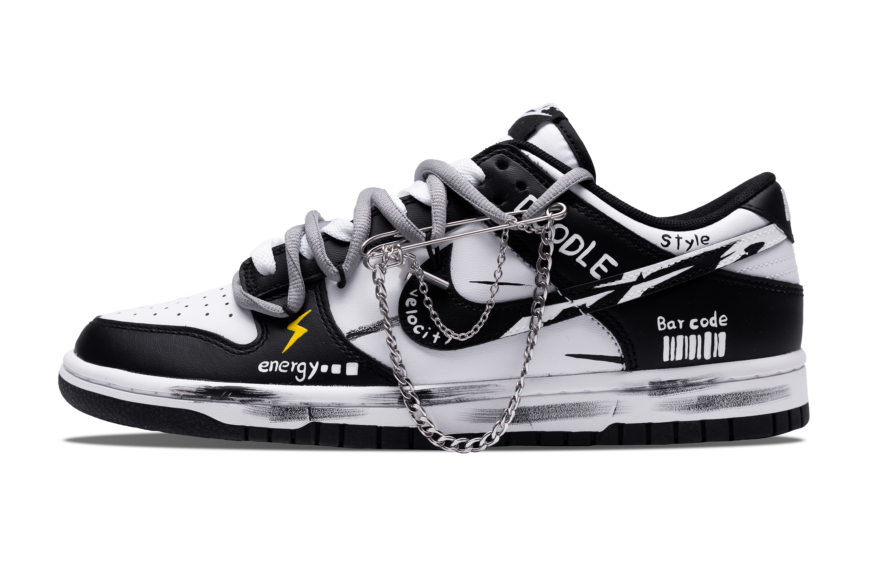 Custom Nike Dunk Low Black White Deconstructed Skate Shoes Casual Sneakers. DD1391-100 (Team329-Universal Energy)