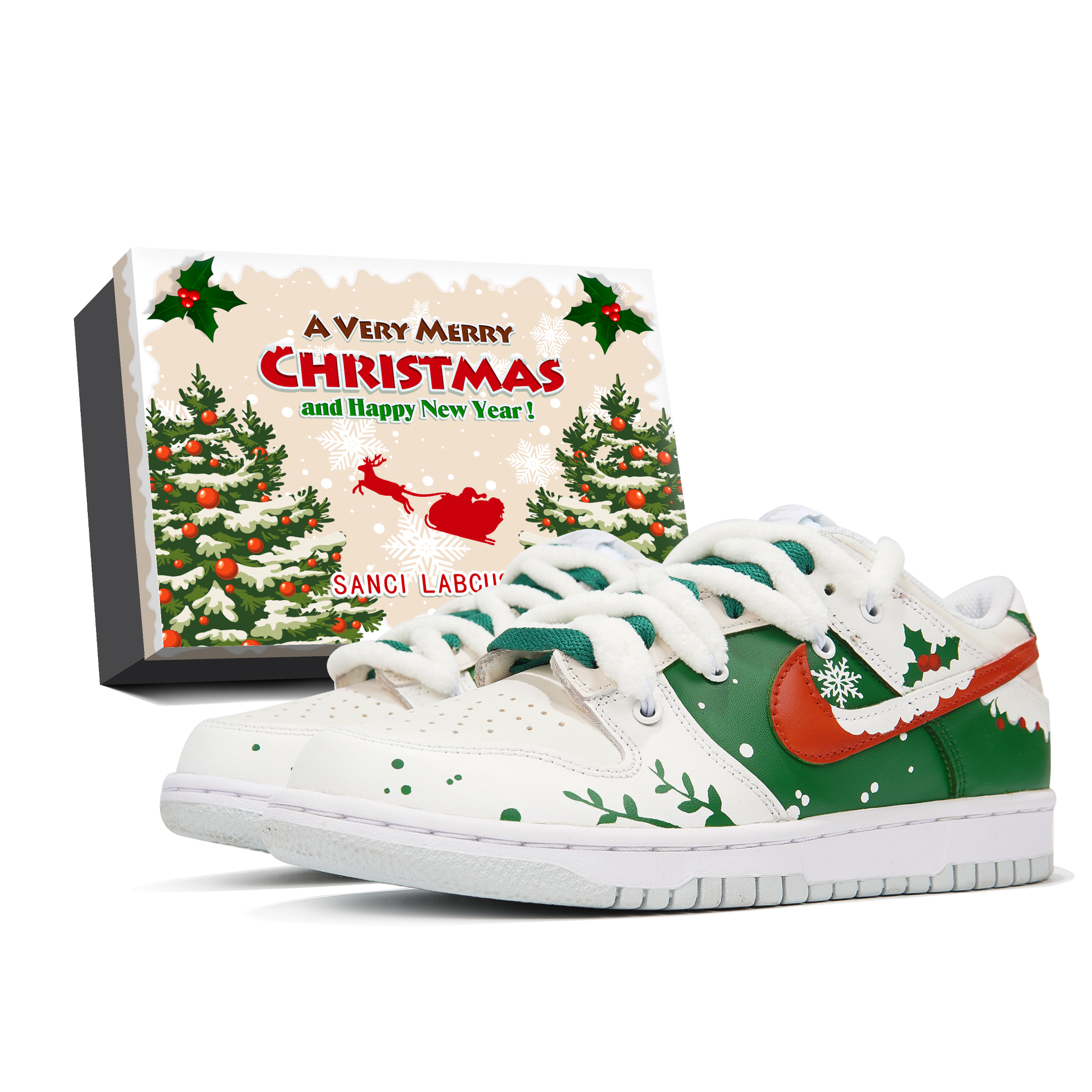 Custom Nike Dunk Low Christmas Snow Gift Box White Green Sneakers DV0831-101 (Teamp Snowgrass Ring S-BOX)