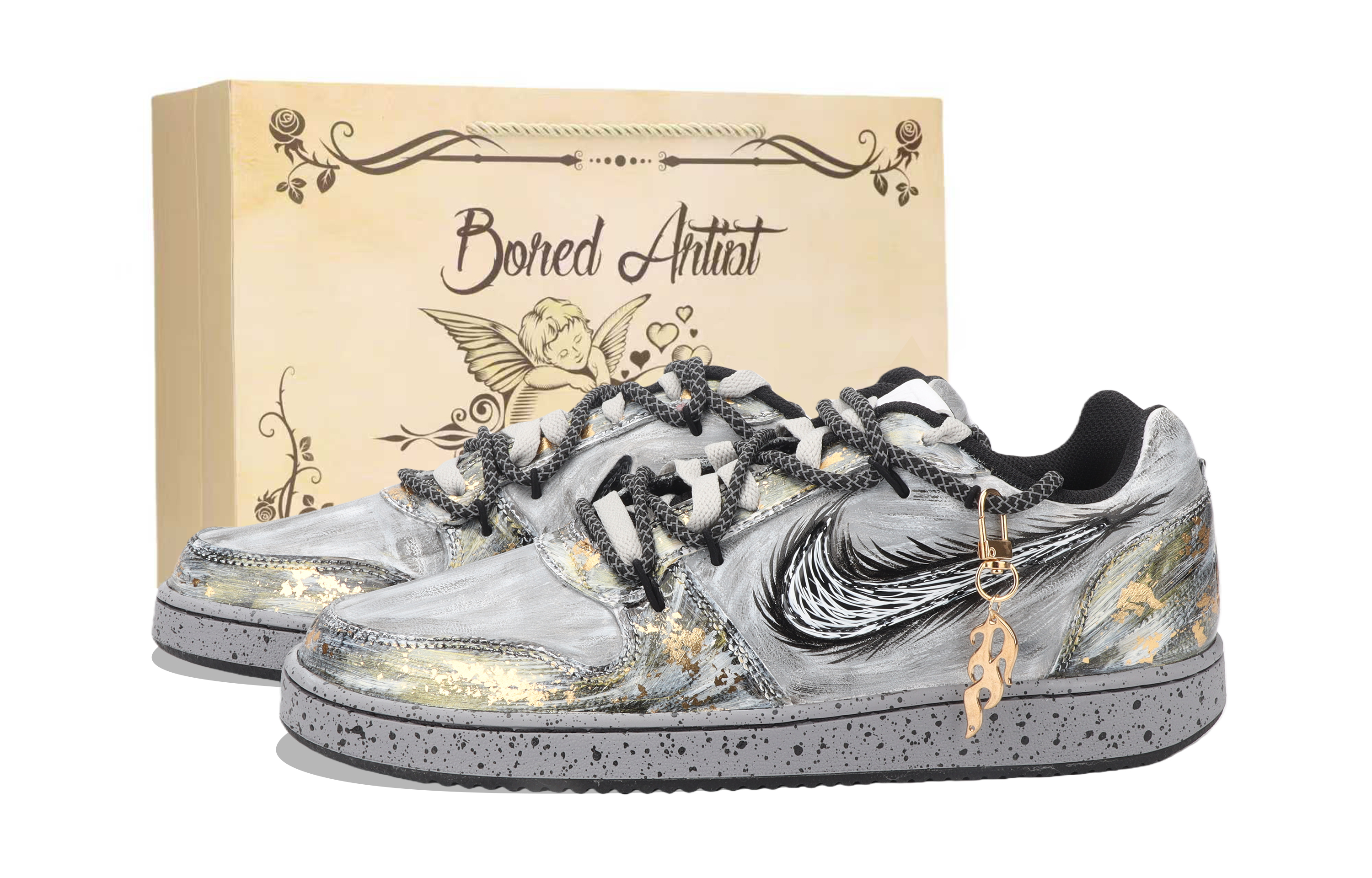 Custom Nike Ebernon Low Black/Gray/Gold Sneakers – Flame Burn Design CK0034-100 (Team1715 - Dark Flame Serpent)