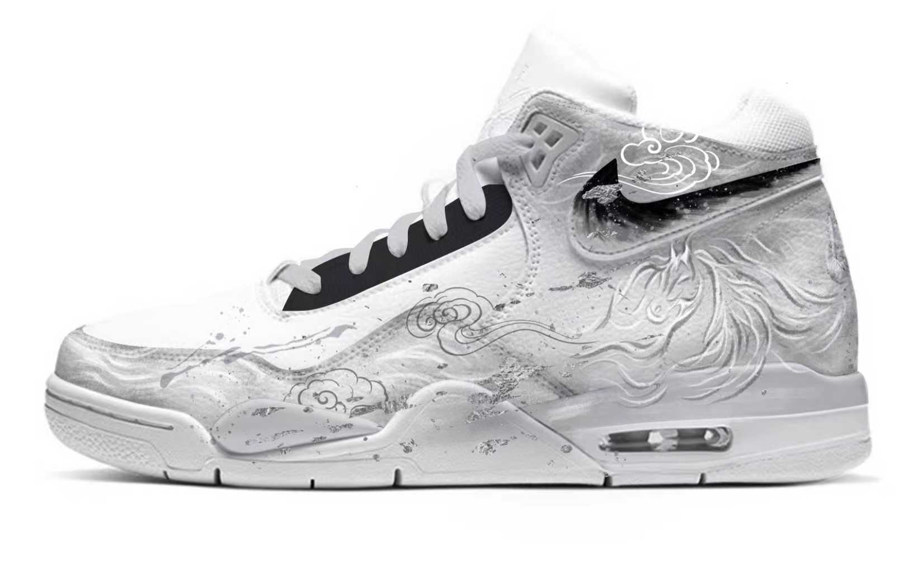 Custom Nike Flight Legacy Cloud Pattern Chinese Art Graffiti Mid Retro Shoes. BQ4212-101 (Team1856 - Plain Cloud Journey)