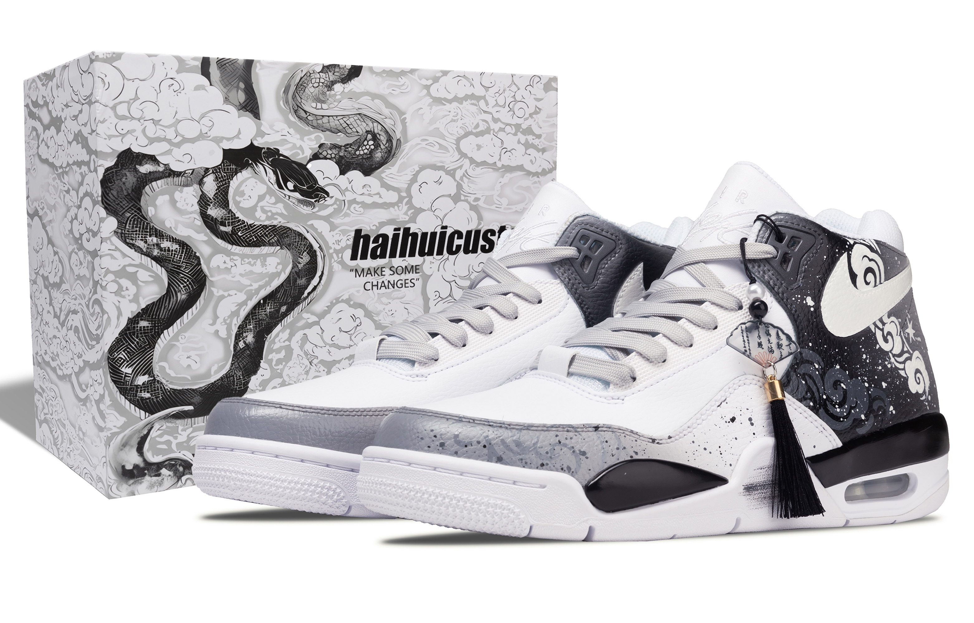 Custom Nike Flight Legacy Retro Basketball Shoes Black White男女款 BQ4212-101 (Team691 - Between White S-BOX)