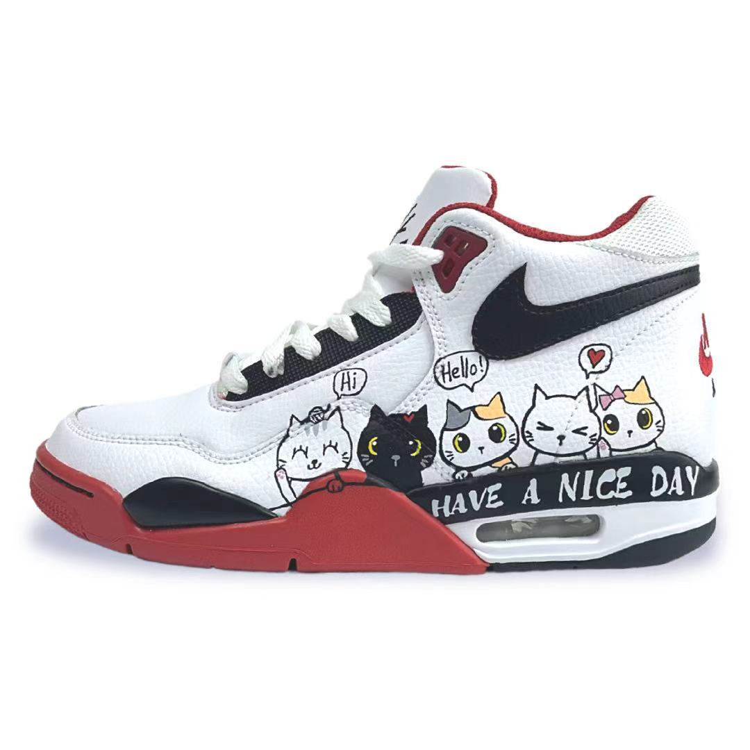 Custom Nike Flight Legacy Retro Basketball Shoes Red White Cushioning Grip BQ4212-100 (Team371 - Meow Language Time)