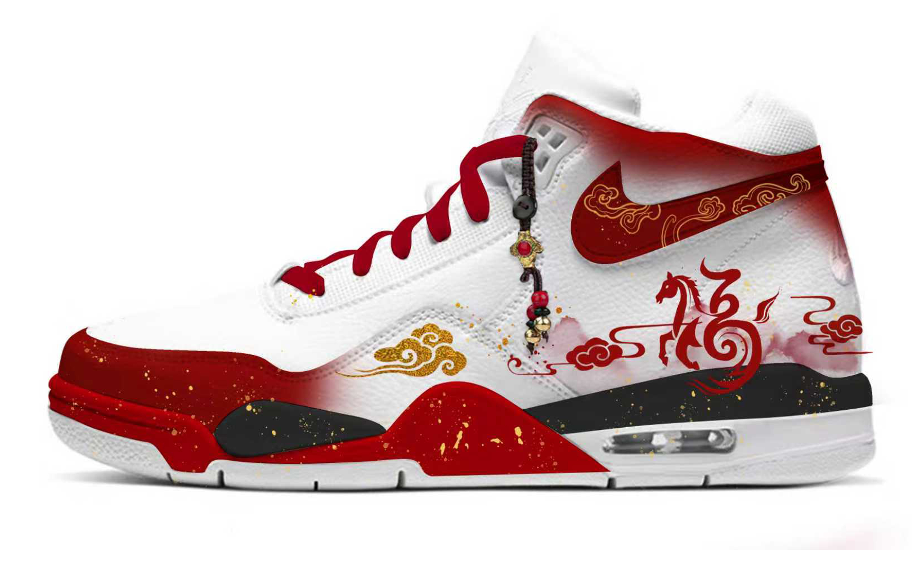 Custom Nike Flight Legacy Retro Basketball Shoes White/Red/Black Lunar New Year Edition BQ4212-101 (Team1856 - Full of Good Fortune)