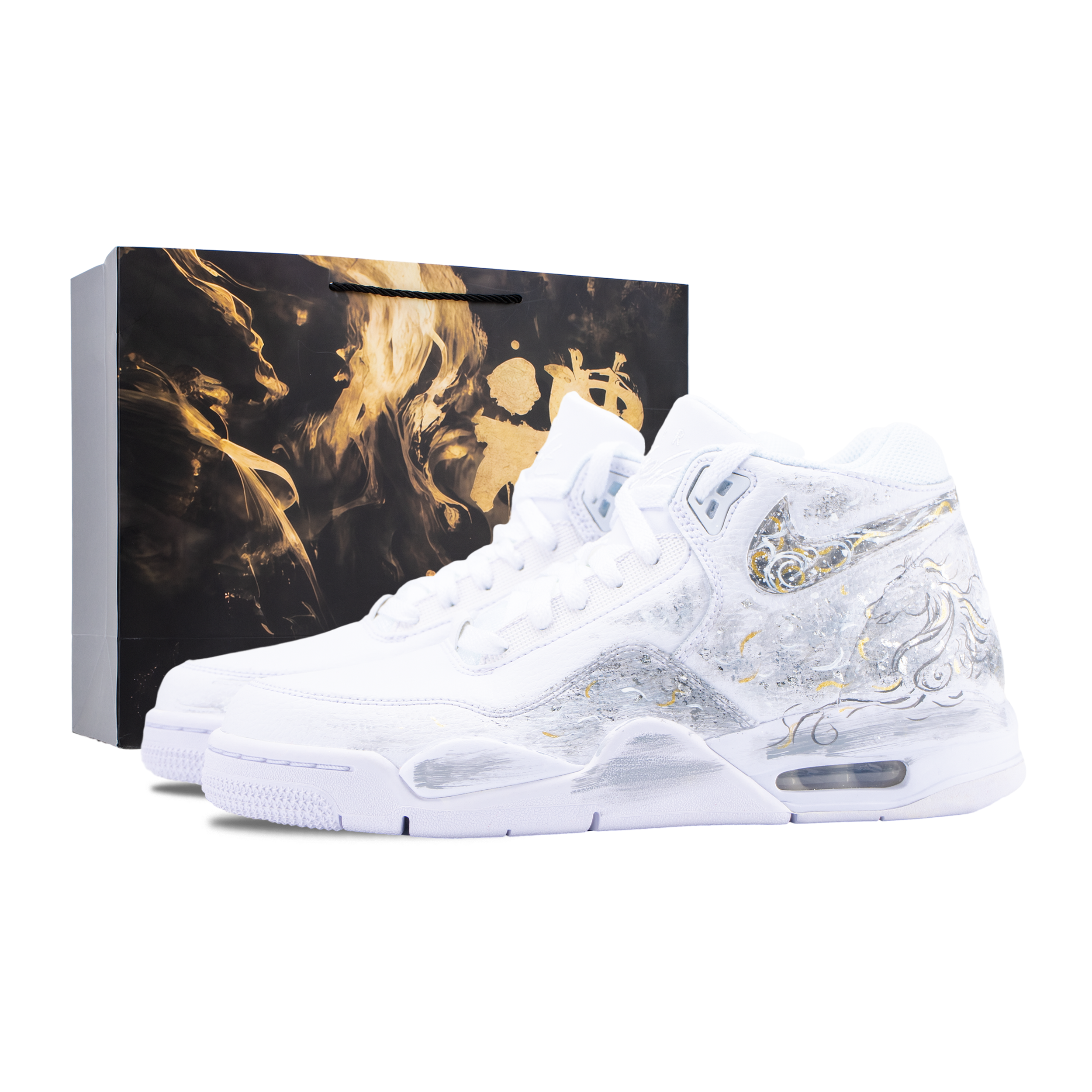 Custom Nike Flight Legacy White Gold Gradient Mid Top Retro Basketball Shoes . BQ4212-101 (Team626 - Silver Mist Gold Mane)