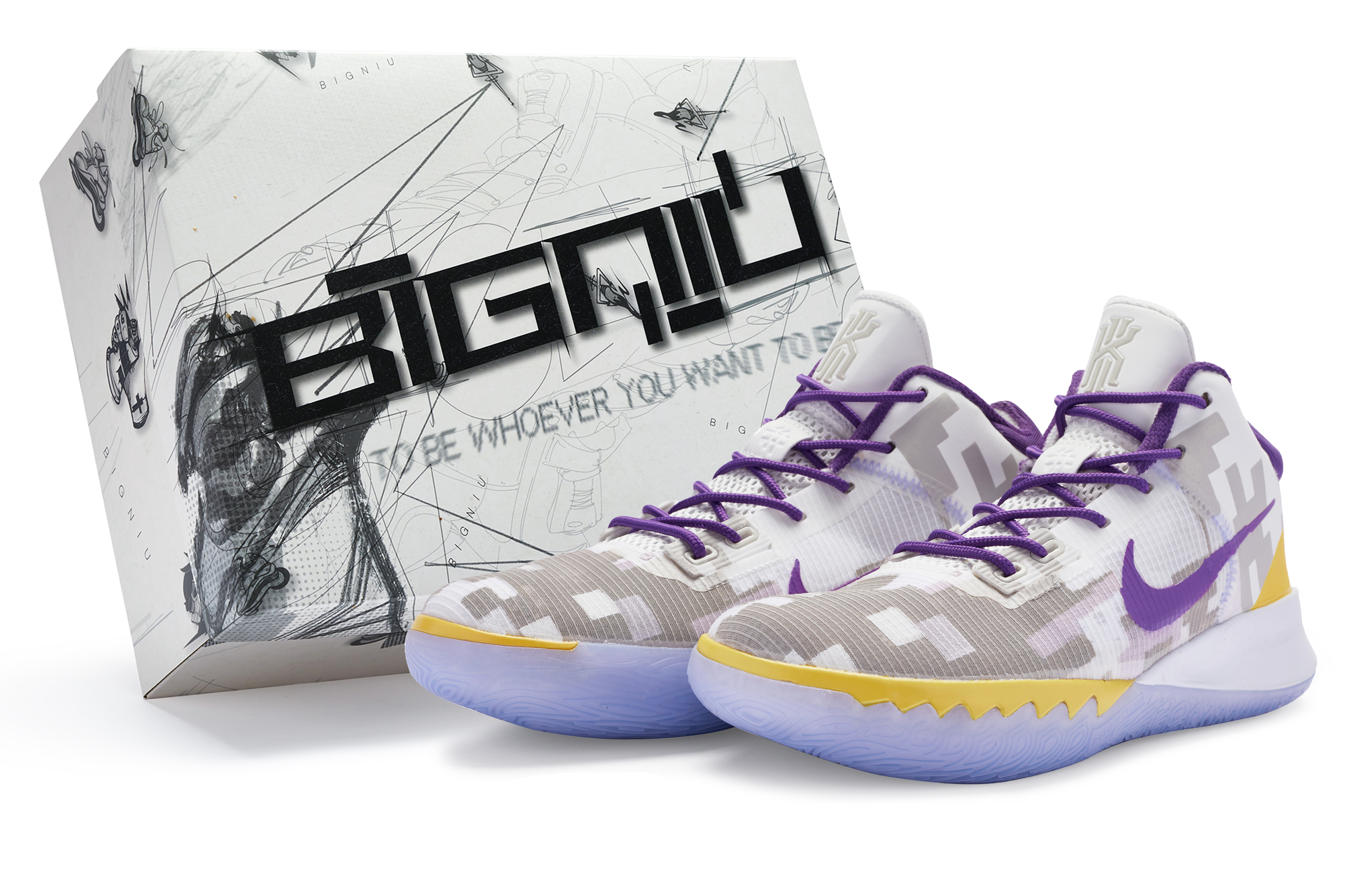 Custom Nike Flytrap 4 Digital Purple Gold Camo Special Box Mid Basketball Shoes. CT1973-101 (TeamR Men's Digital Purple Gold Camouflage S-BOX)