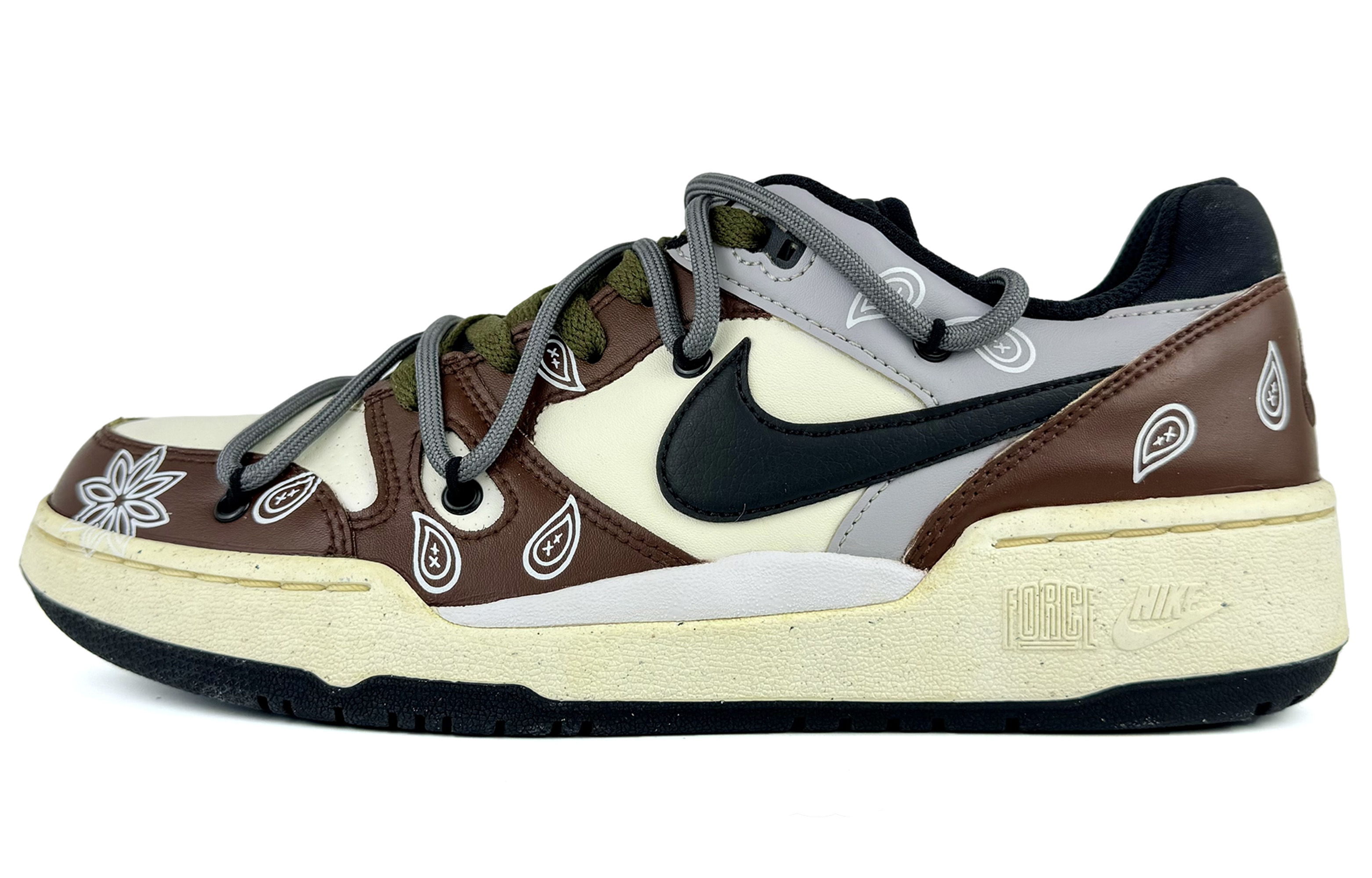 Custom Nike Full Force Low Brown Paisley Retro Low-Top Skate Shoes for Men. FB1362-101 (Team45 - White Brown Paisley).