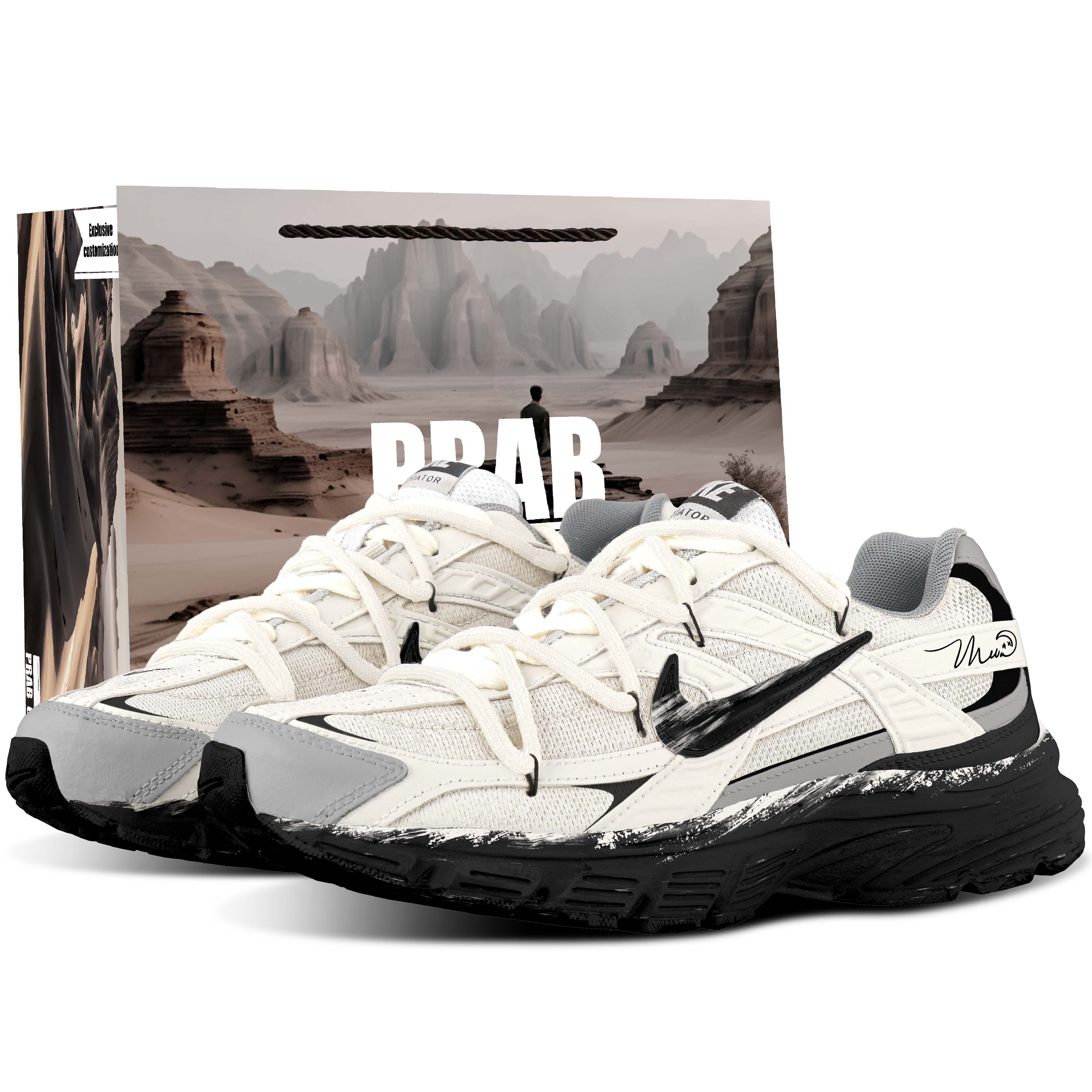 Custom Nike Initiator Hand-Painted Retro Running Shoes Cream White Casual 394055-100 (Team1559-Sumi Ink LH)