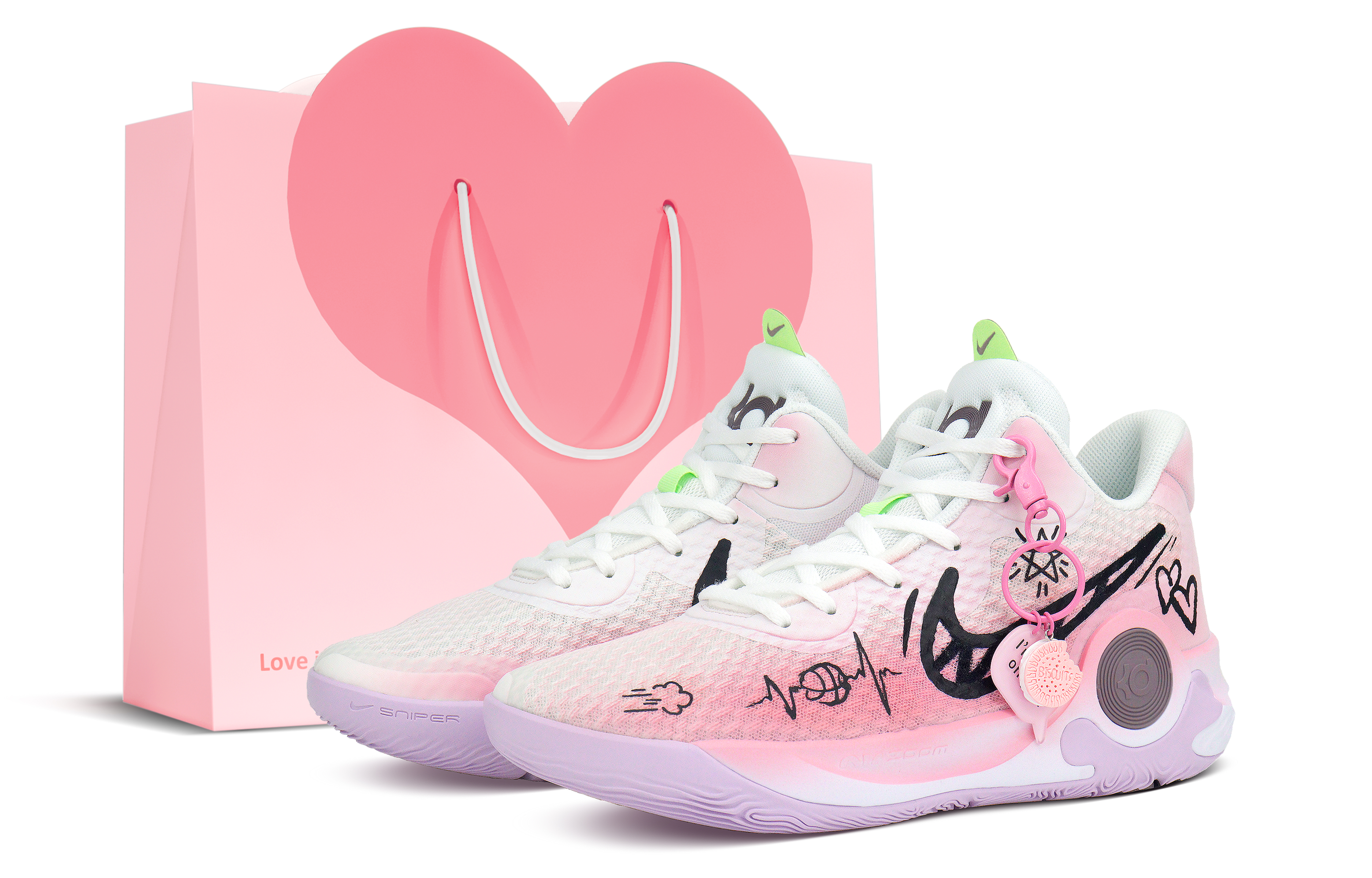 Custom Nike KD Trey 5 IX Pink White Gradient Zoom Mid Basketball Shoes for Men. DJ6922-100 (Team238 - Heartbeat Signal SBOX)
