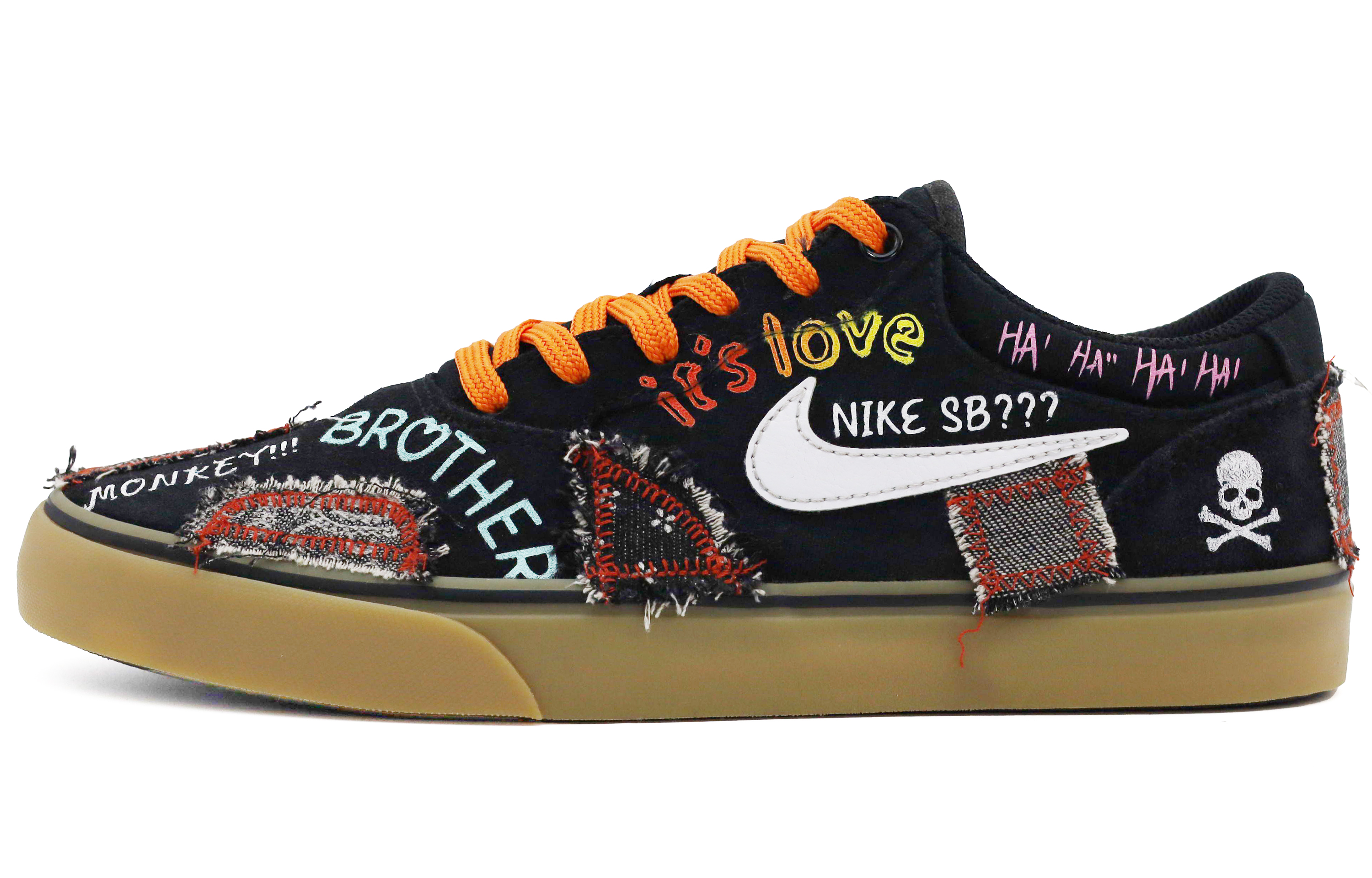 Custom Nike SB Chron Graffiti Denim Patchwork Fringe Mismatched Skate Shoes Black DM3493-002 (Team 4 - Black Patch Graffiti A)