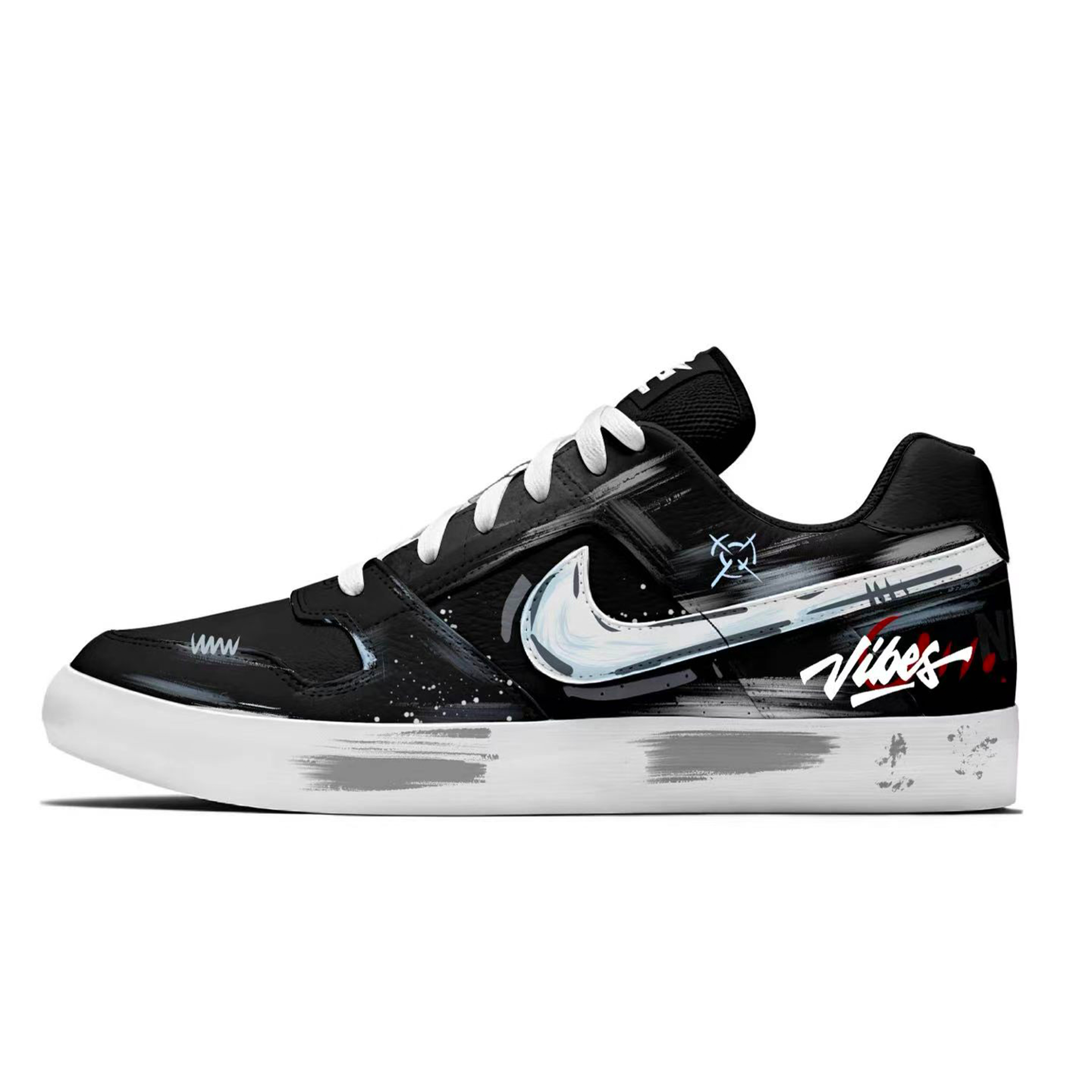 Custom Nike SB Delta Graffiti Skate Shoes Black/White/Grey Lightweight Durable 942237-010 (Team1727 - Dark Alley Graffiti)