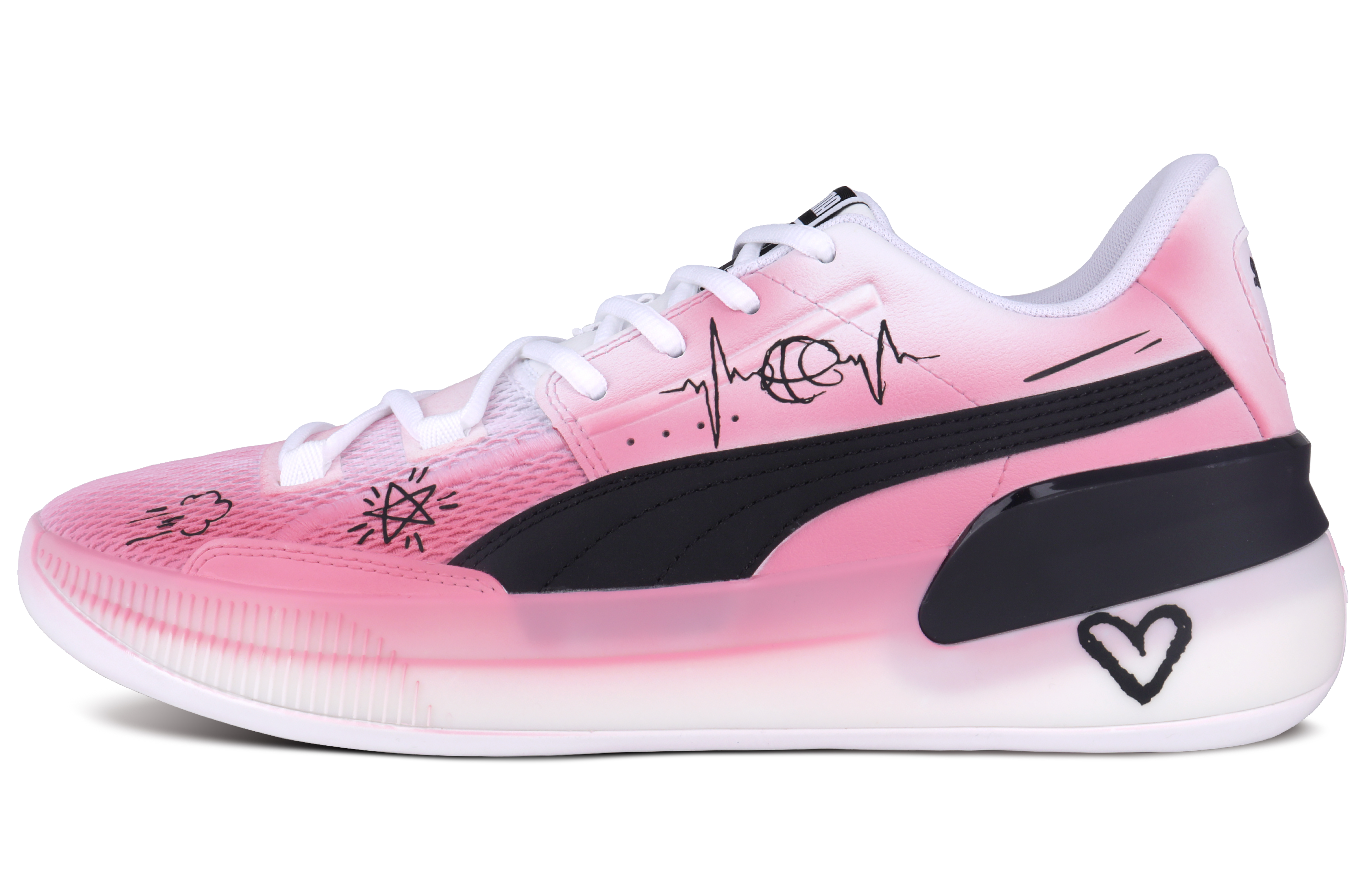 Custom Puma Clyde Hardwood Black Pink Gradient Graffiti Low-Top Basketball Shoes. 194454-01 (Team238 - Heartbeat Moment)