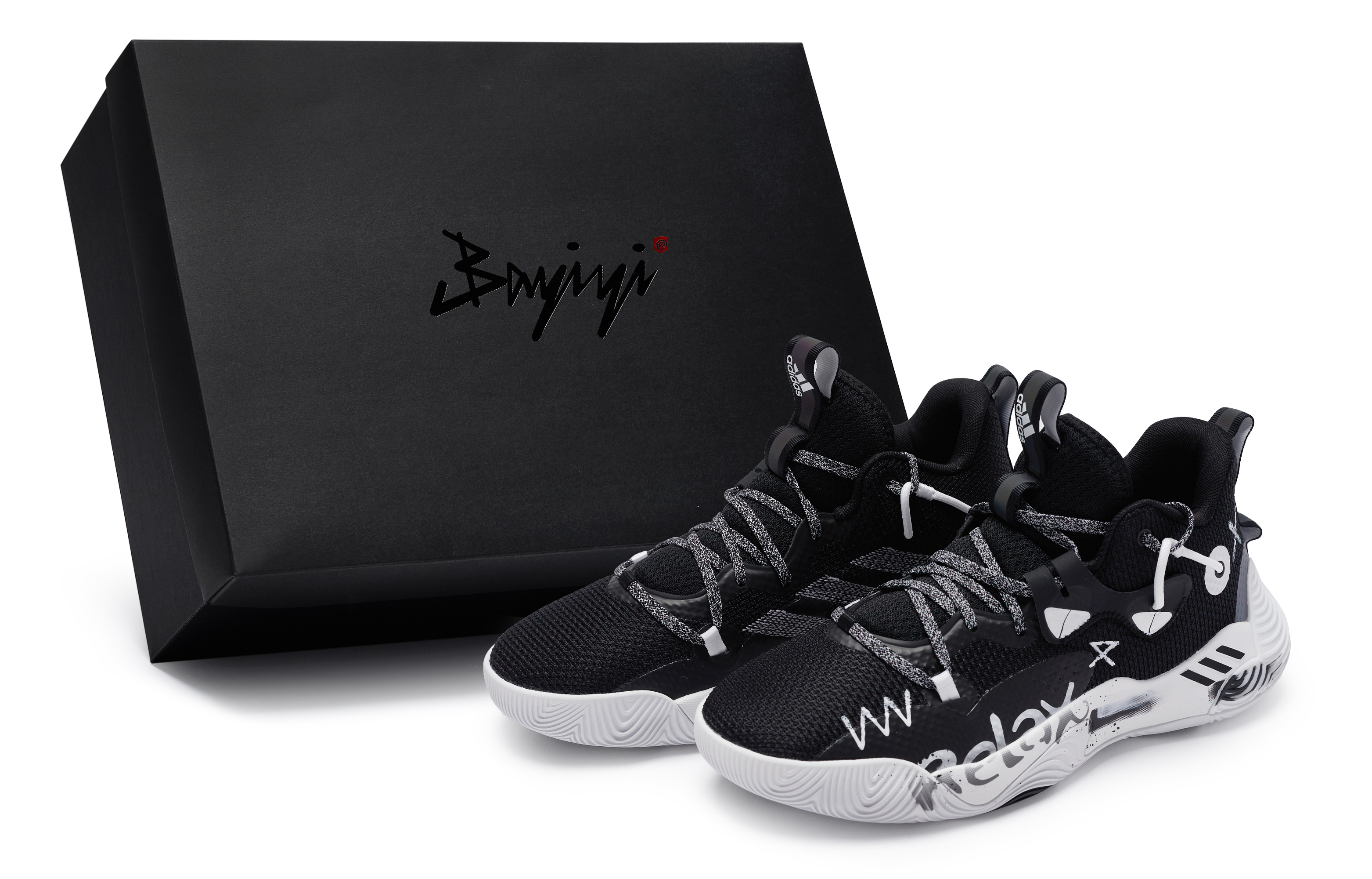 Custom Sneakers: adidas Harden Stepback 3 Graffiti Black White Mid Basketball Shoes GY8630 (Team80 Cat-Style Relaxed S-BOX Hoodie)