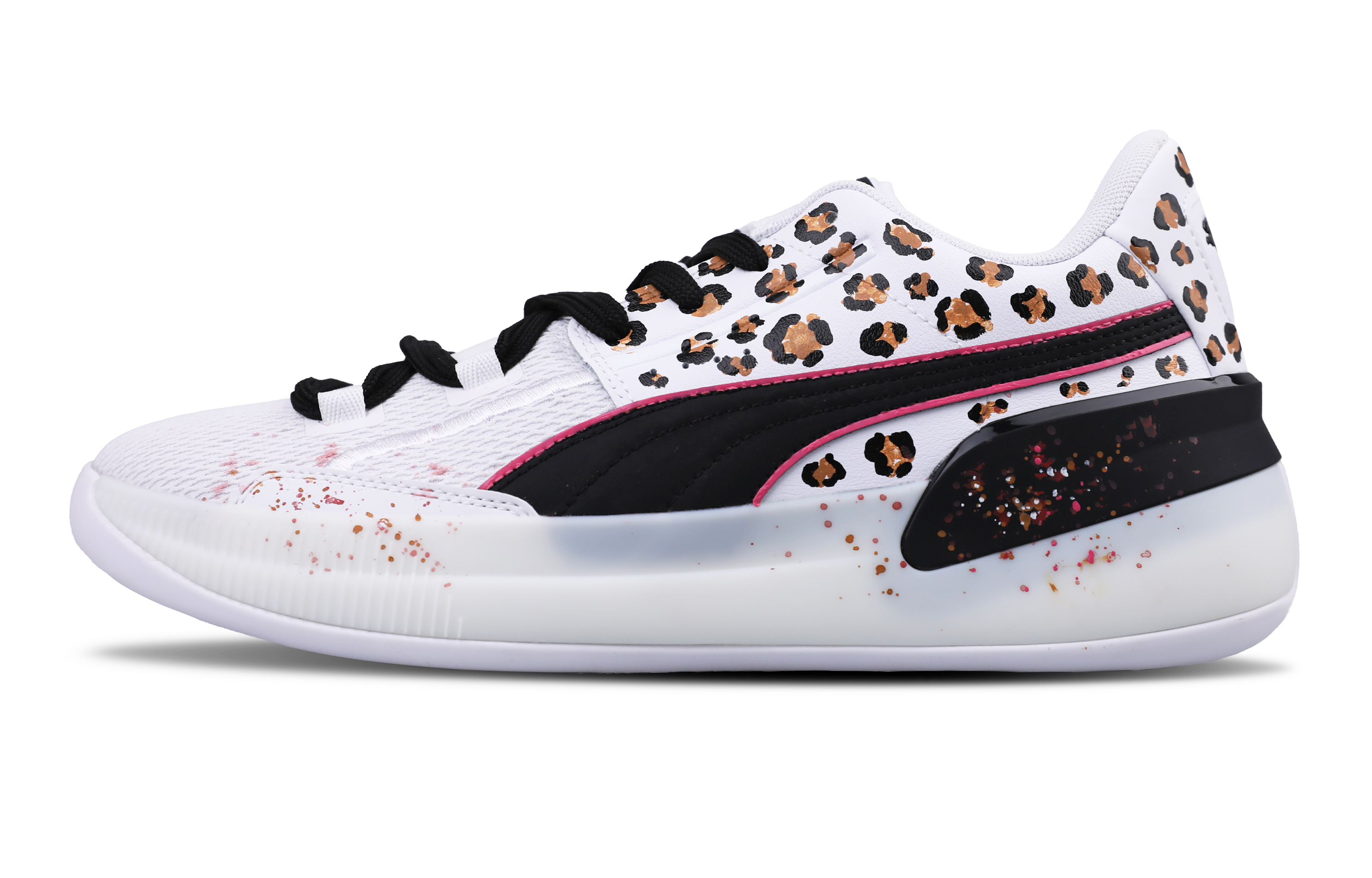 Custom Sneakers Puma Clyde Hardwood Team Hunt Cheetah Low Basketball Shoes White 194454-01 (Team211 - Hunting Time)