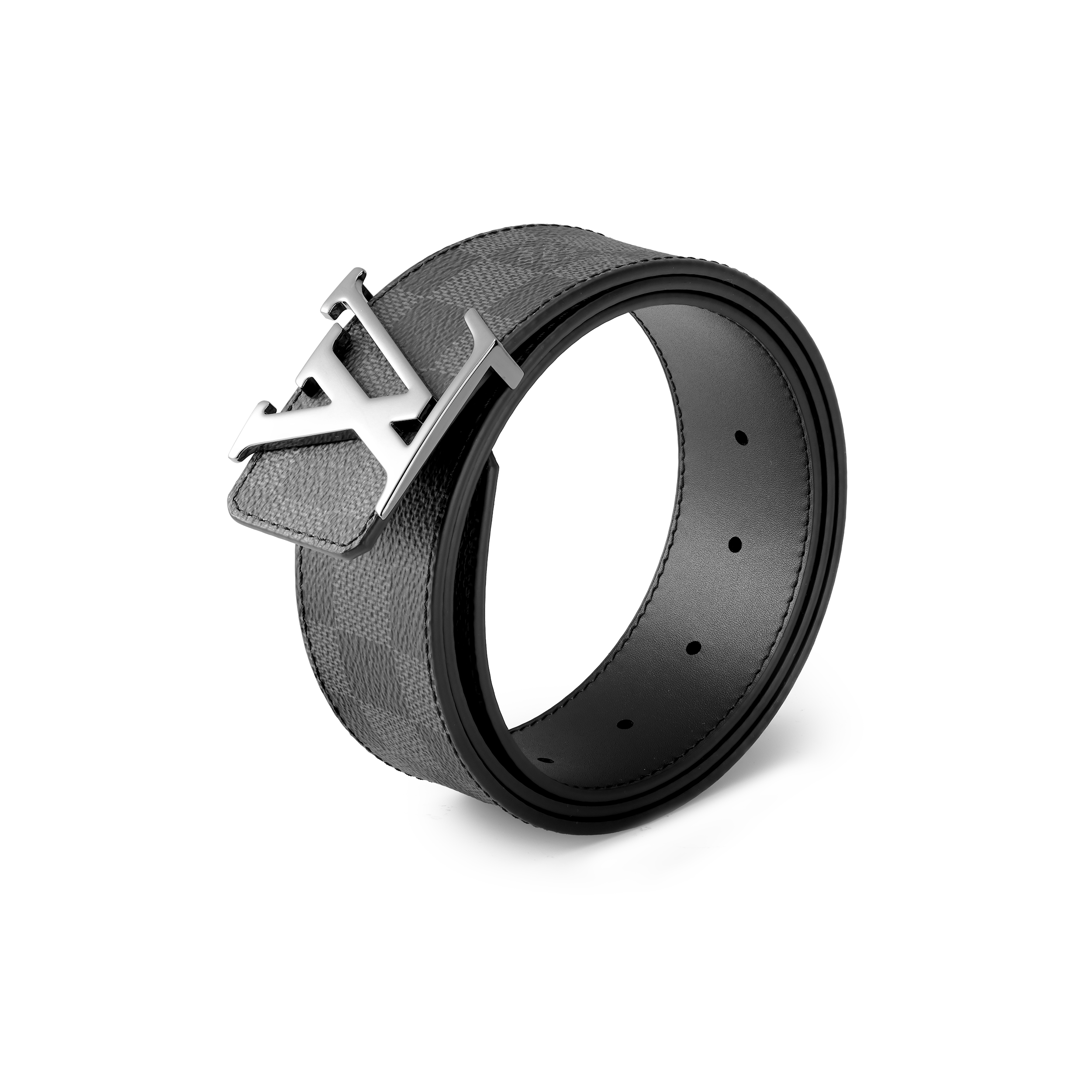 Lookbook Cinturón de cuero reversible Louis Vuitton Damier grabado personalizable Gris/Negro 4cm. M0213