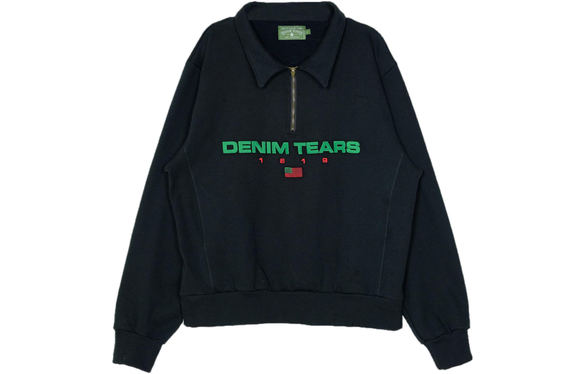 Denim Tears Black Half-Zip Pullover Hoodie with Letter Print DT091609