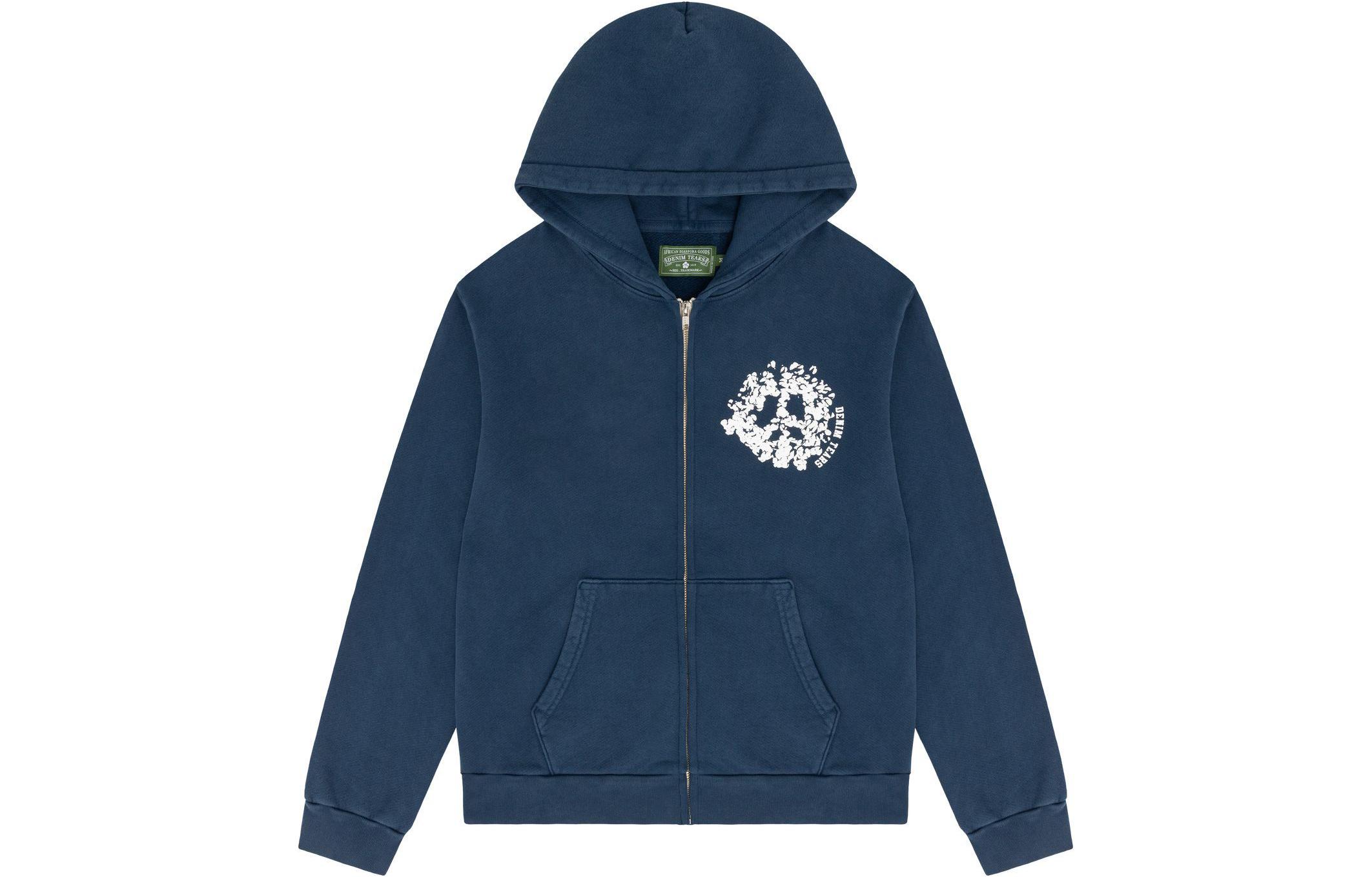 Denim Tears Navy Blue Letter Print Zip-Up Hoodie 201-080-27