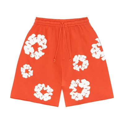 Denim Tears Orange Mid-Waist Casual Shorts with Floral Wreath Print Unisex. 402-090-30