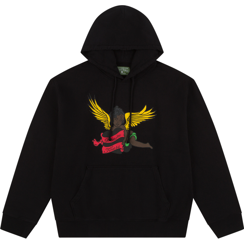 Denim Tears SS24 Black Cherub Drawstring Angel Print Hoodie Unisex - Black 013-006-133
