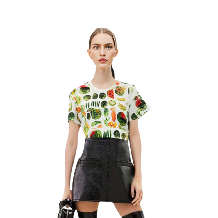 Shop Denim Tears SS24 Kiss My Grits Baju Unisex Tampalan Buah Multicolor. 101-906-107