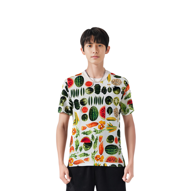 Details for Denim Tears SS24 Kiss My Grits Baju Unisex Tampalan Buah Multicolor. 101-906-107