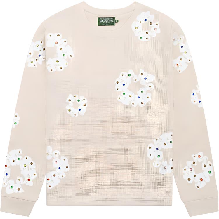 Denim Tears SS24 Rhinestone Crewneck Pullover Sweatshirt Oatmeal Unisex 011-011-037