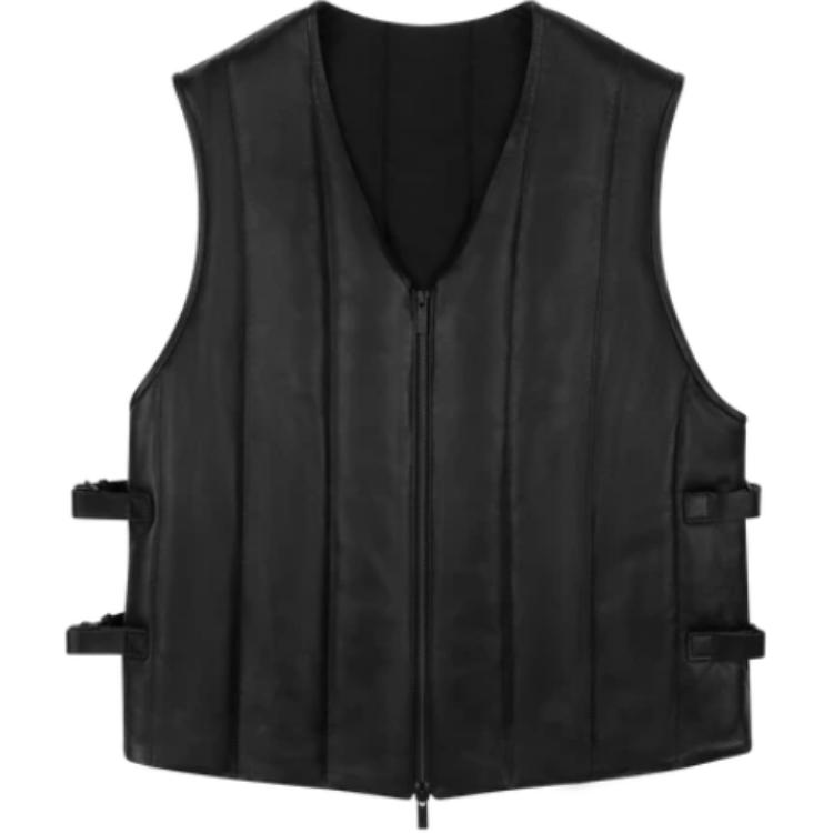 Denim Tears SS25 "The Scorpion & The Frog" Black Adjustable Leather Vest Unisex FW24OVT0011