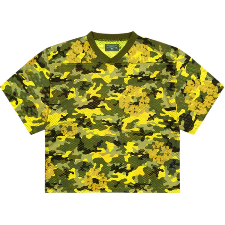 Denim Tears SS25 Camo Wreath Mesh Football Top Yellow Unisex Tee. SS25TKJ12312166